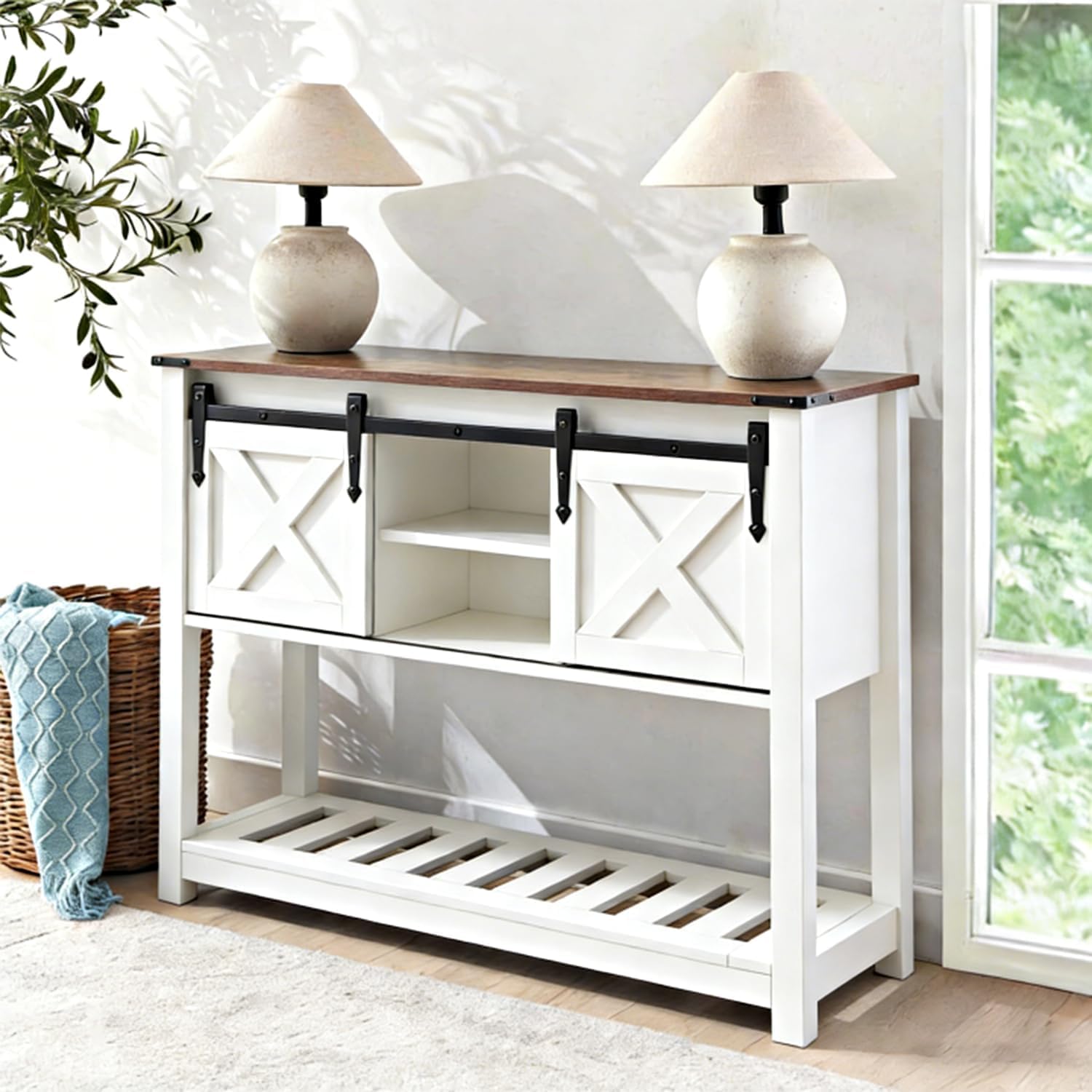 Farmhouse Living Room Furniture Set, 4-Piece with Sliding Barn Door TV Stand, Coffee Table and 2 End Tables with Charging Station & USB Ports, Large Storage Entryway, White