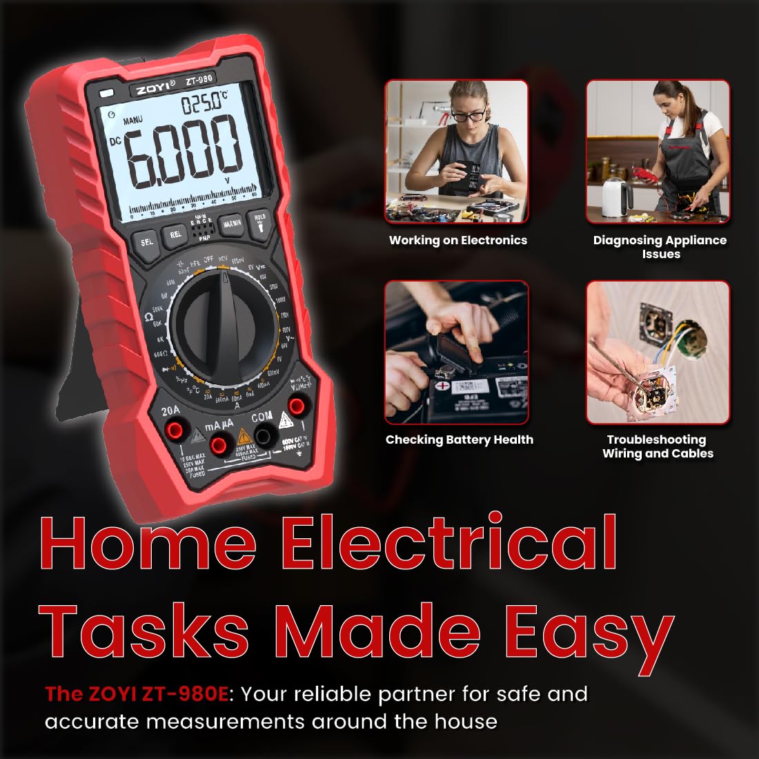 ZOYI ZT-980E Digital Multimeter Transistor Tester 20A, 6000-Count, True RMS Manual Range, V.F.C (LPF), hFE Test, NCV - Image 3