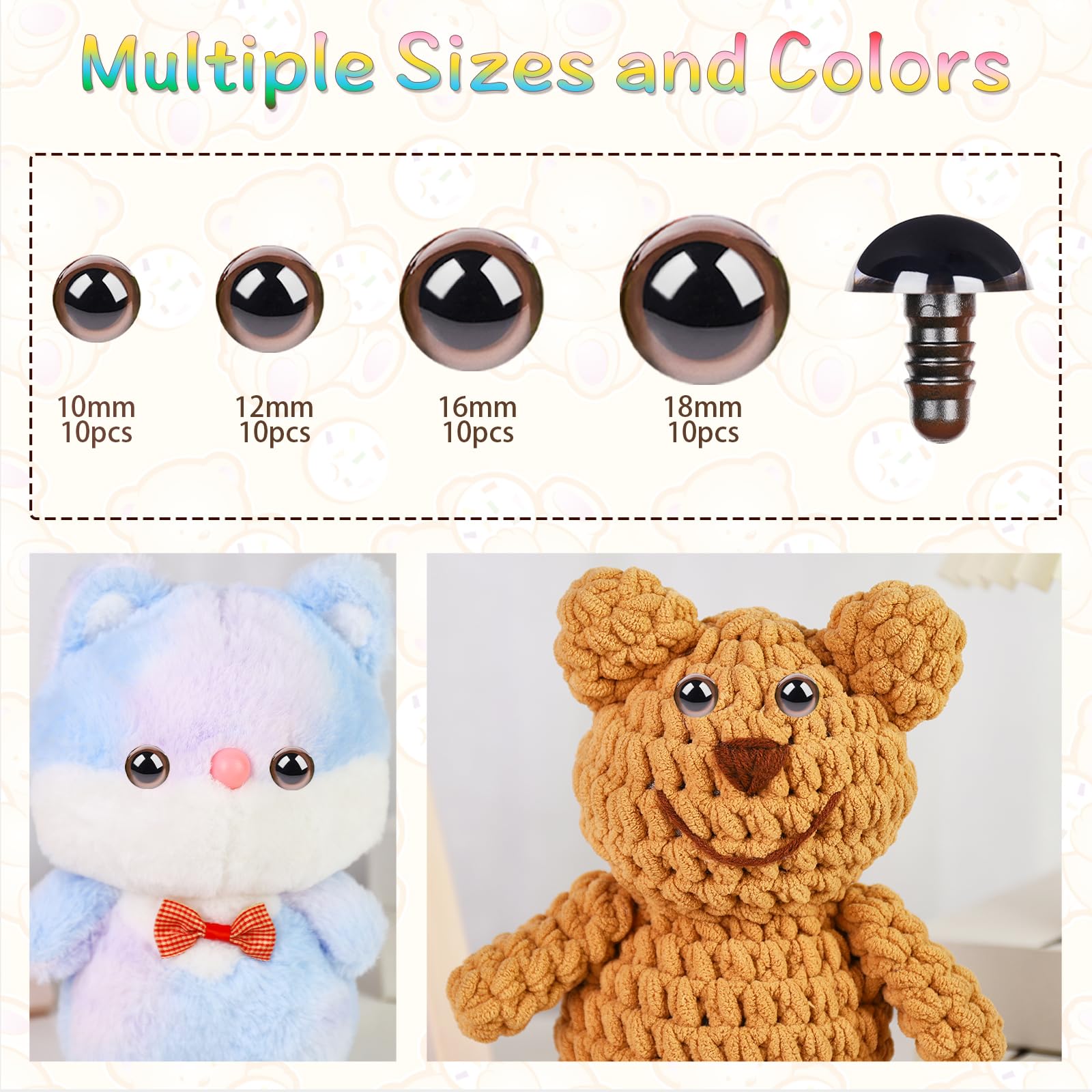 MUCUNNIA 40pcs Safety Eyes for Amigurumi with Washers 10/12/16/18mm Brown Plastic Safety Eyes for Crochet Craft Dog Safety Eyes Gift for Crochet Lovers Halloween Decorations Stuffed Animals Crafting