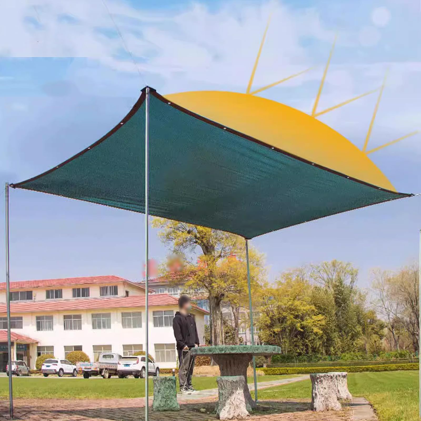 Zewnętrzna siatka zacieniająca, oddychająca, ochrona przed słońcem, tkanina HDPE z liną, ciemnozielona, 8 x 9 m, na balkon, do ogrodu, basenu, ochrona przed promieniowaniem UV