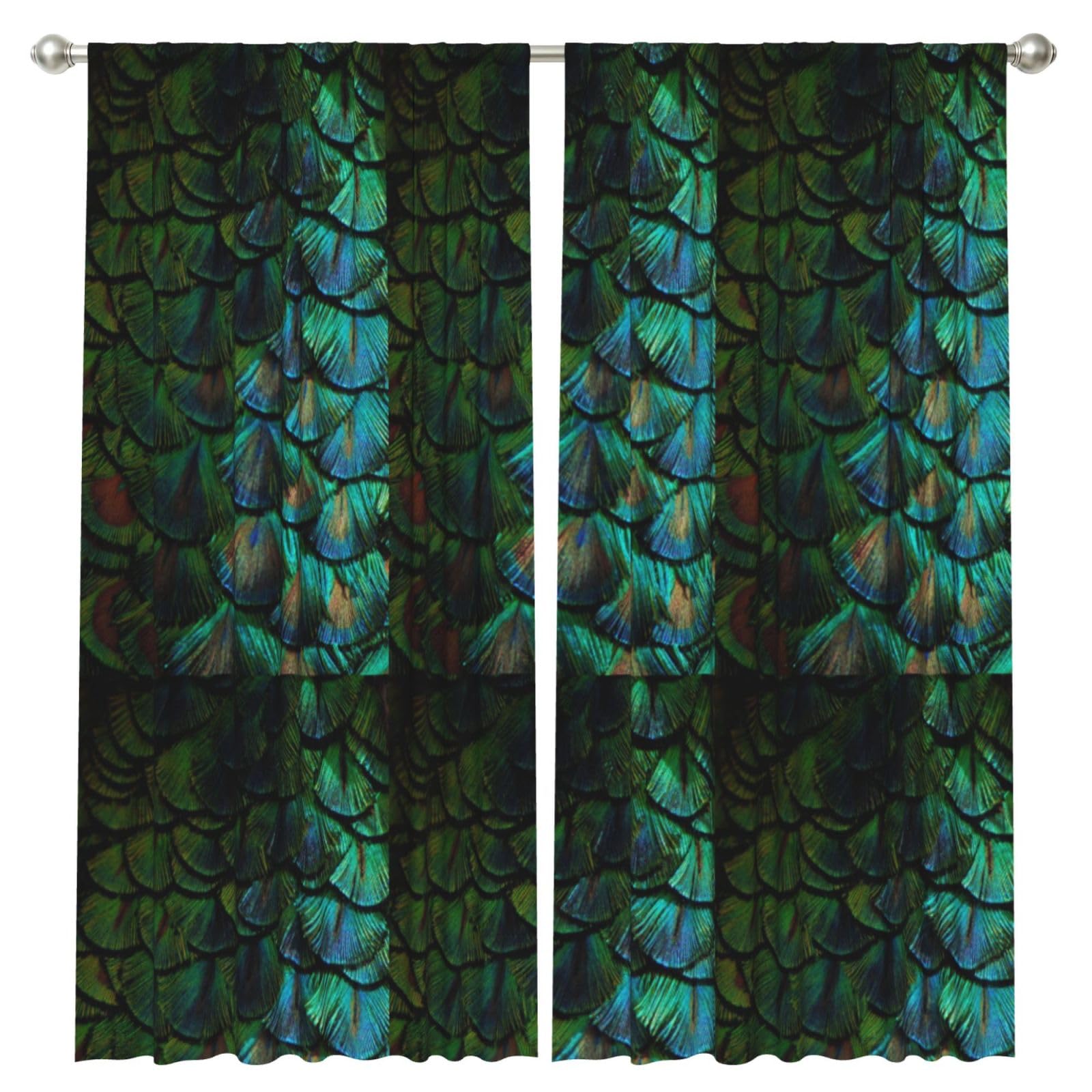 InOmak Beautiful Peacock Feather, 2 Panels Window Curtains 52 x 84 Inch Blackout Curtains for Living Room Bedroom