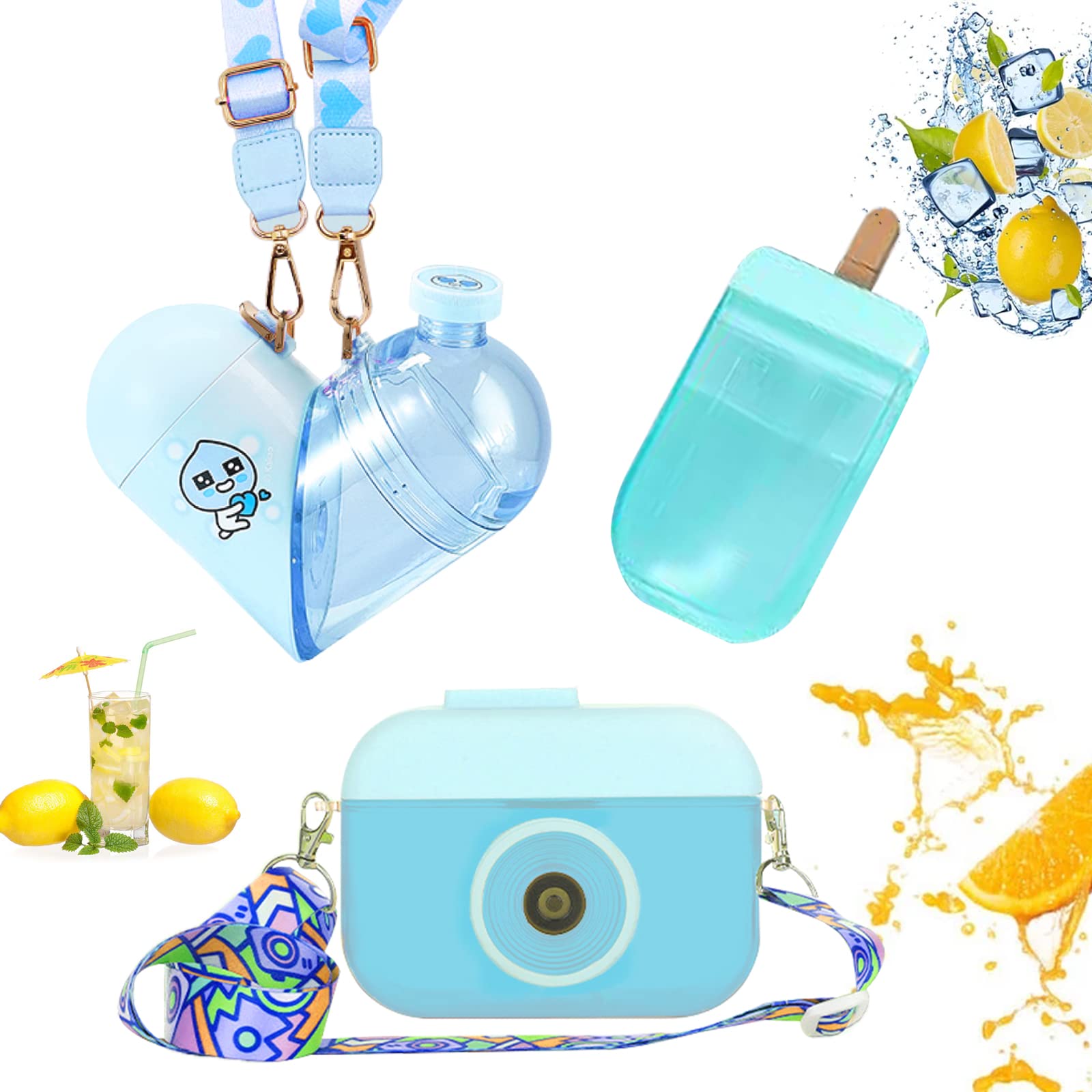 NONOO 3 Pcs Heart Water Bottles with Straws Creative Cute Camera Shaped Ice Cream Love Shoulder Belt Strap Plastic Water Cup for Travel School Sport Boy&Girl