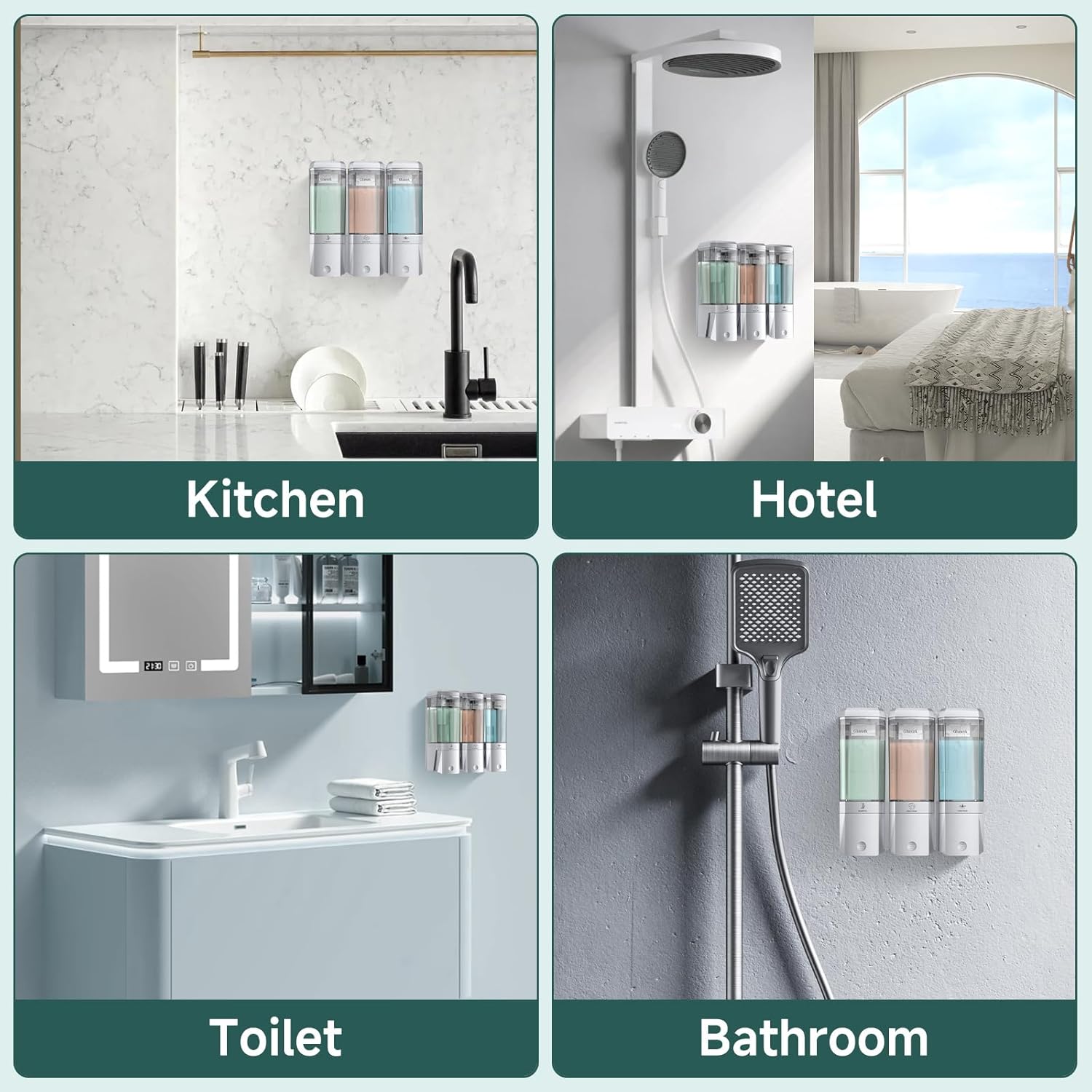 Shampoo and Conditioner Dispenser 3 Chamber No Drill Shower Soap Dispenser Wall Mounted Shampoo Conditioner Body Wash Dispenser 3 * 500ml Refillable Shower Dispenser for Bathroom Hotel, Silver