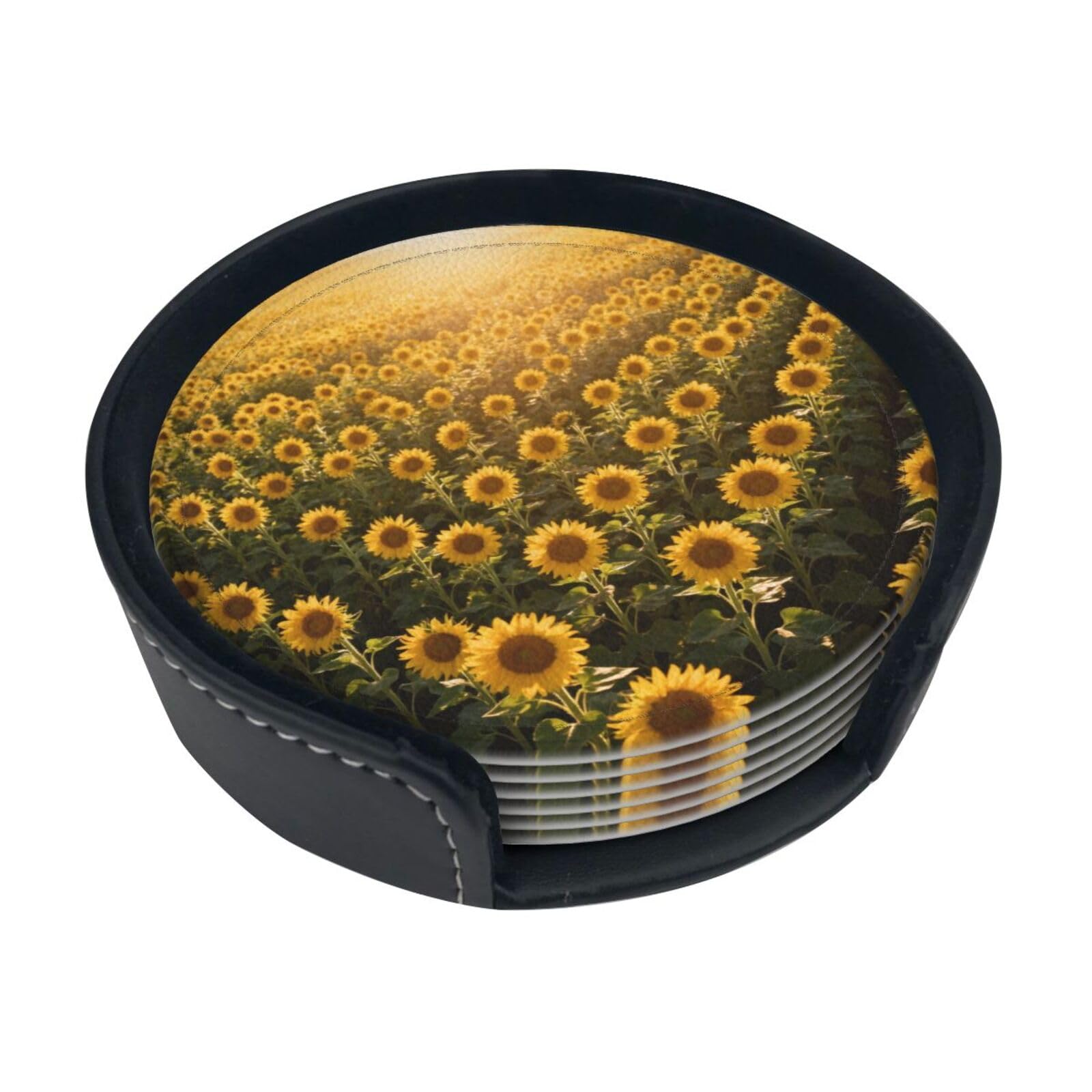 Cntdbu White Sunflower Field Bloom Leather Coasters Set Of 6-Pu Leather Drink Mats For Table, Heat Resistant Round Coasters With Holder