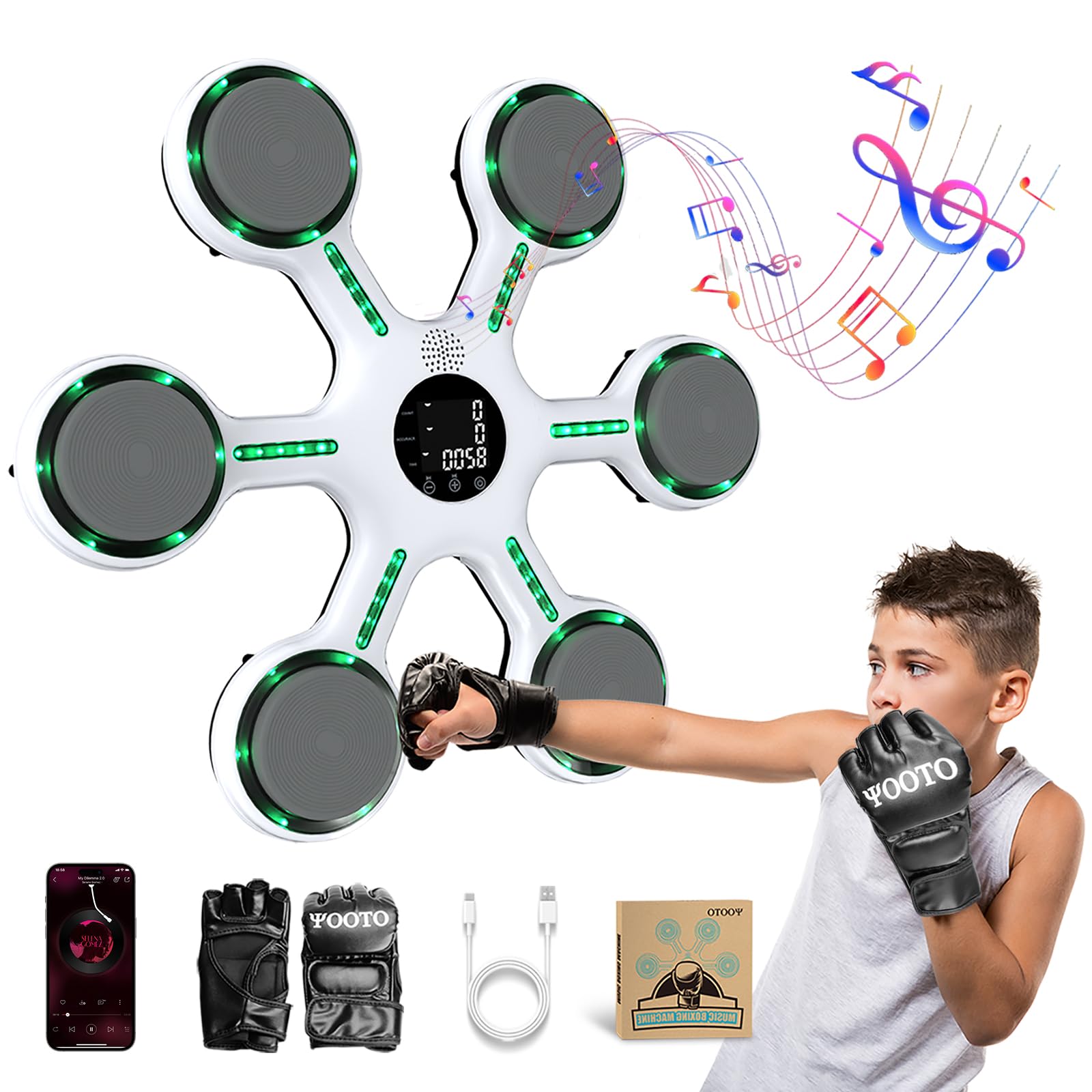 OOTO Smart Music Boxing Machine, One Punch Boxing Machine Wall Mounted With Gloves, Bluetooth Connection & LED Light, 6 Modes/Speed Adjustment, Boxing