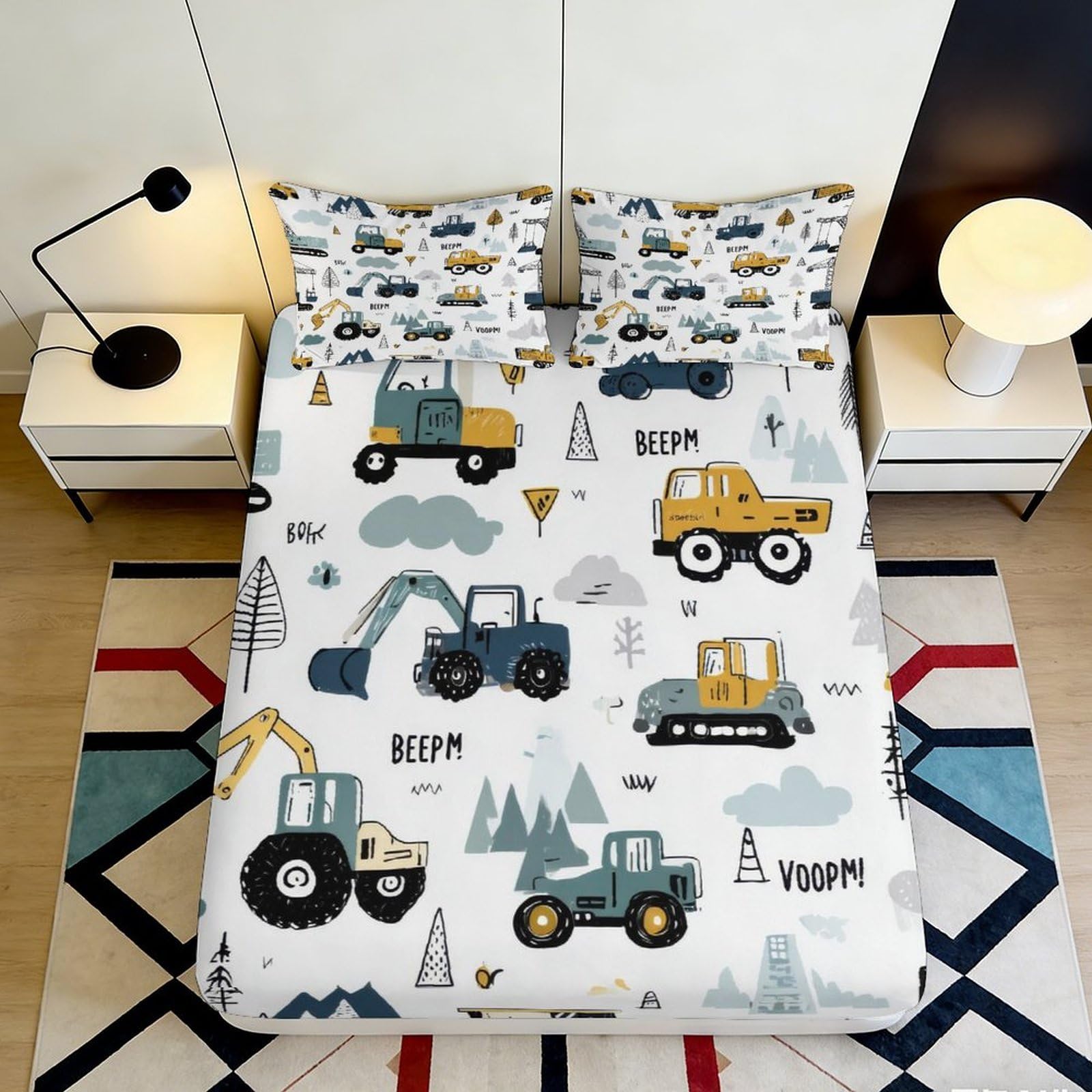 Dhbaneiok Style-9 3D Printed Construction Vehicles Fitted Sheet Microfiber Soft Breathable Excavator Bed Cover For Bedroom Dorm Decor 90X200x25cm