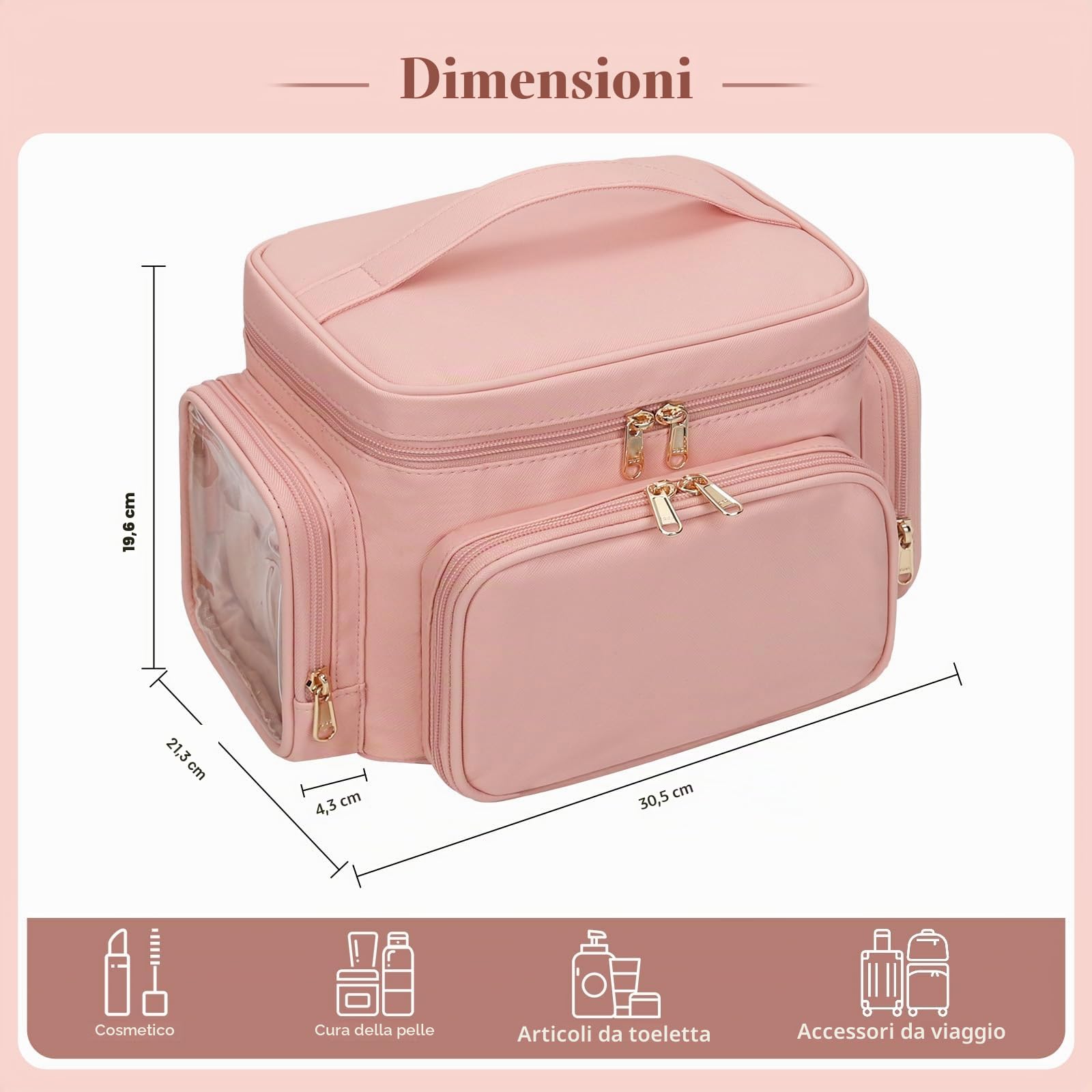 Grande trousse per il trucco da viaggio per donna con scomparto portapennelli, organizer portatile, Rosa