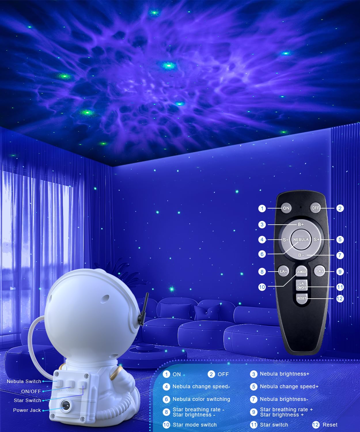 Astronaut Galaxy Projector - 360° Adjustable Star Night Light with Remote Control for Kids Adult Home Party Ceiling Decoration - Image 4