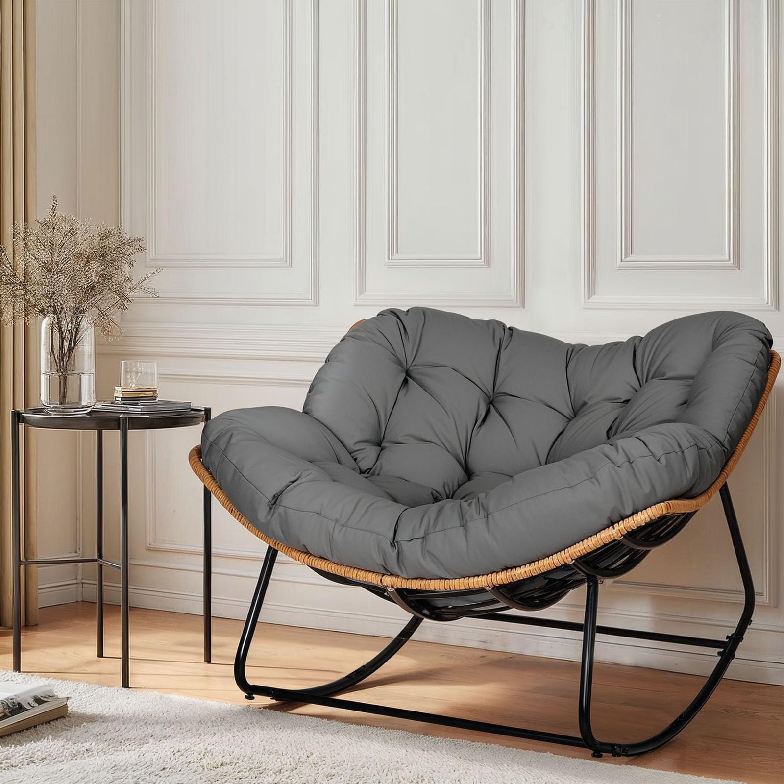 SEE DESCRIPTION Rocking Egg Chair, Outdoor Rocking Chair with Thick Cushion, Modern Indoor Outdoor Papasan Rocking Chair, Lounge Rocker for Balcony, Living Room, Bedroom, Porch, Patio, Lawn, Garden (Gray)