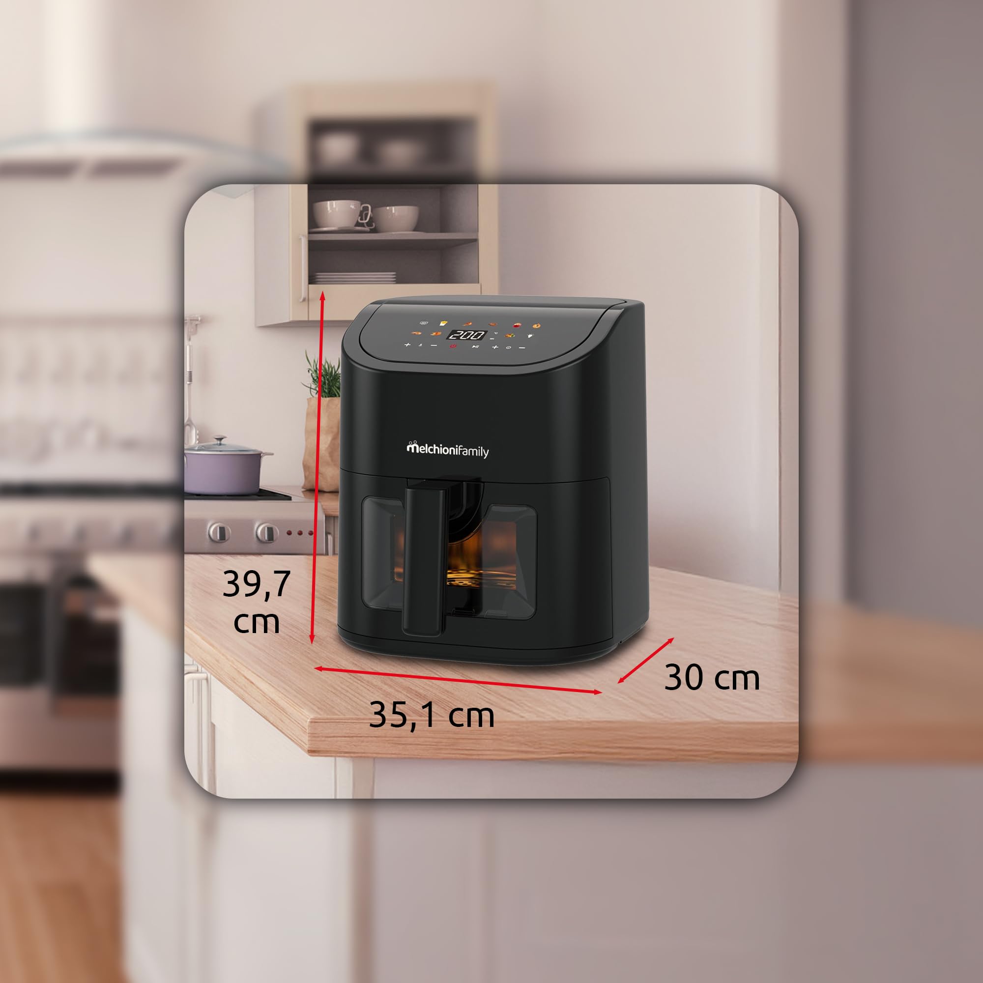 Melchioni Family | Friggitrice ad Aria Emma 5L, 8 Programmi, Display Touch, 1600W, Temperatura 50-200°C, Antiaderente, Compatta e Controllo Visivo