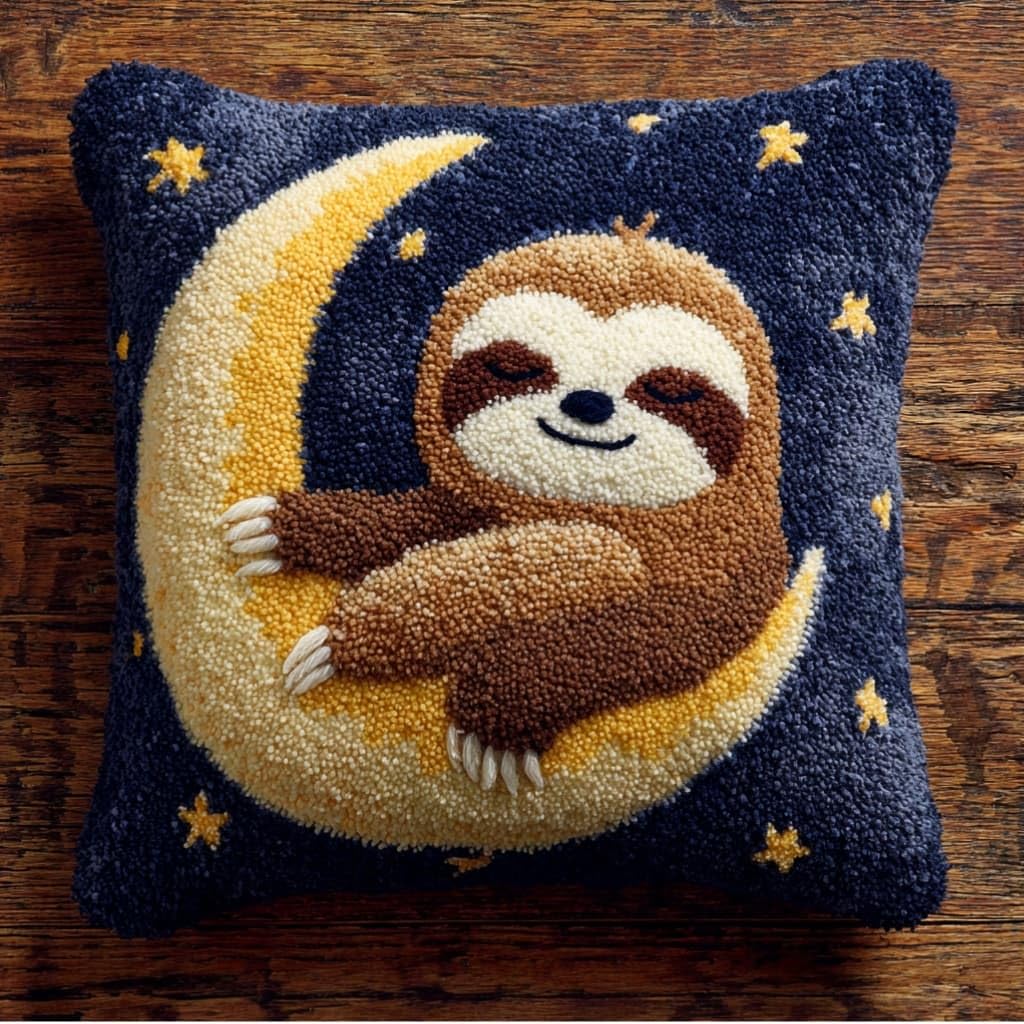 kitphoenix DIY Hand Crochet Pillow Kit,Sloth and Moon 43X43Cm Aesthetic Knitted Cushion Making Material Set,Beginner Friendly with Full Tutorial, Stylish Room Home Decor