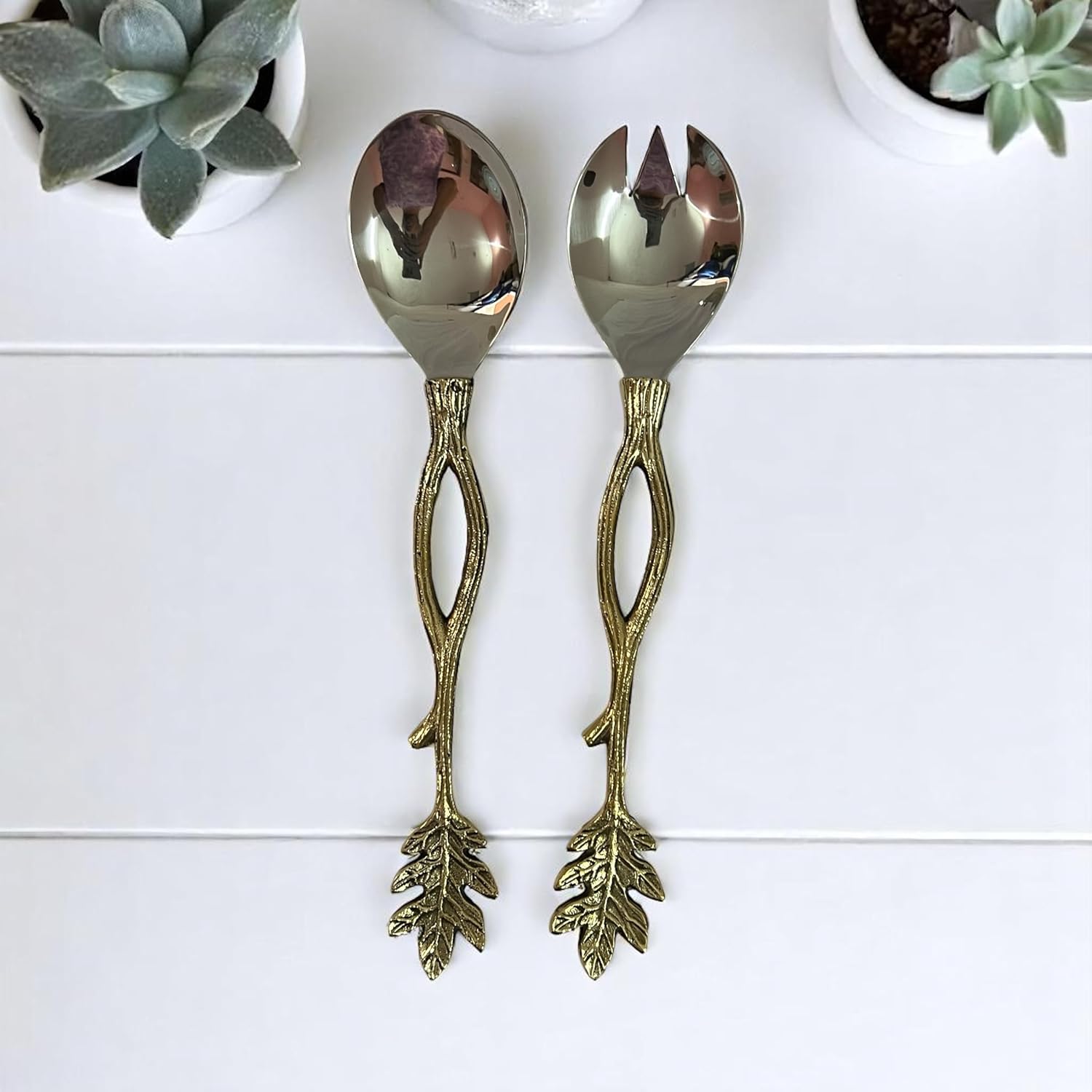 "Morcomart Brass Leaf Design Salad Serving Set – 2 Pc Spoon & Fork | Brass Gold Finish with Stainless Steel Head | Elegant Kitchen Server & Gift Set"