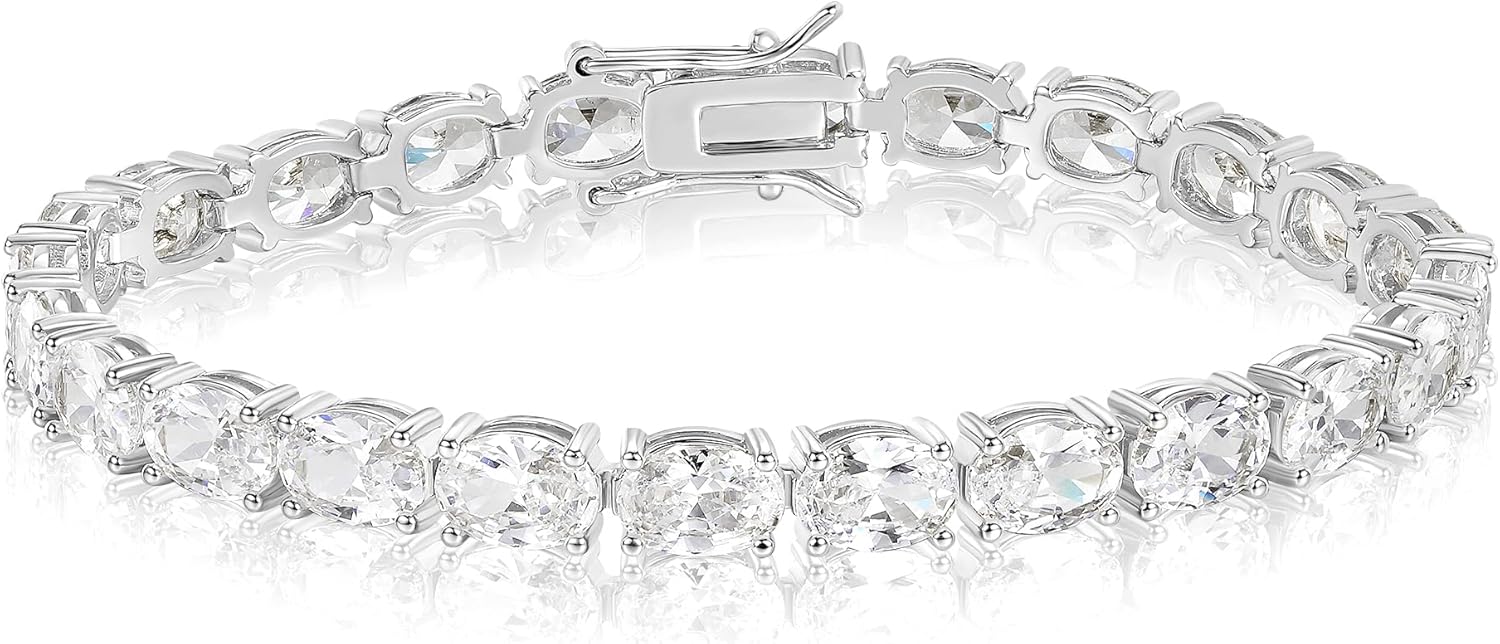 Gemsme Oval Tennis Bracelets for Women, Silver Tennis Bracelet with Oval Cubic Zirconia, 18K White Gold Plated X-Shape Classic Diamond Tennis Bracelet for Women/Men
