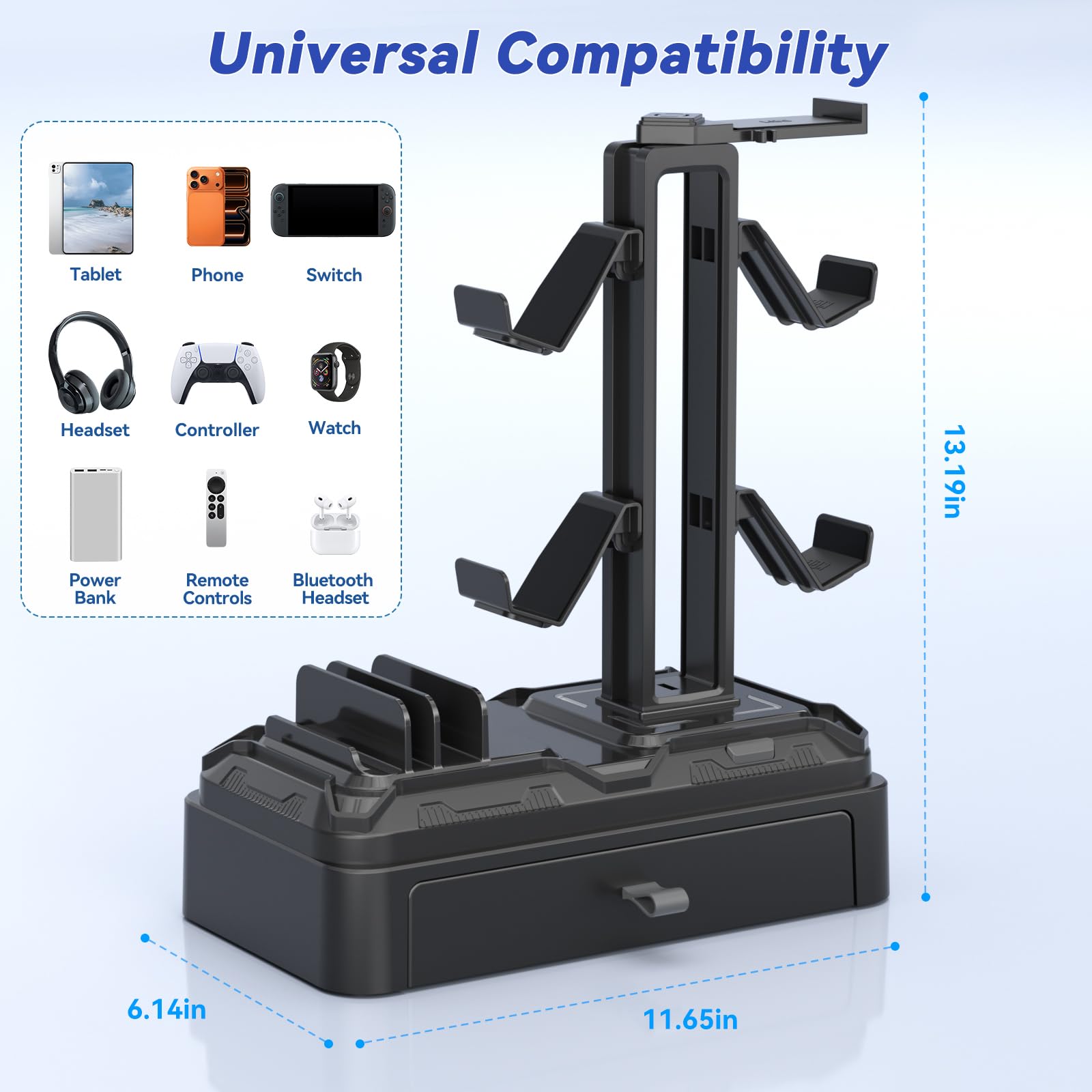 KDD Support Casque avec Tiroir - Porte Casque Rotatif & Manette Amovible pour Bureau - Organisateur Multifonctionnel avec Emplacement pour Téléphones, Tablettes - Accessoires Gaming