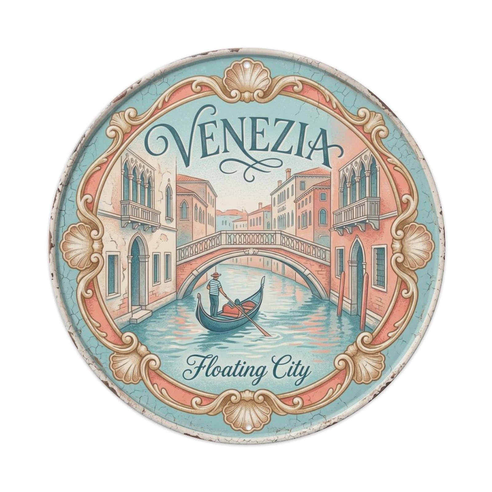 Vintage Travel Venice Gondola Italy Metal Tin Sign Plaque Wall Decor for Cafe, Club Bar, Office, Home Garden Round Metal Poster 8x8Inch