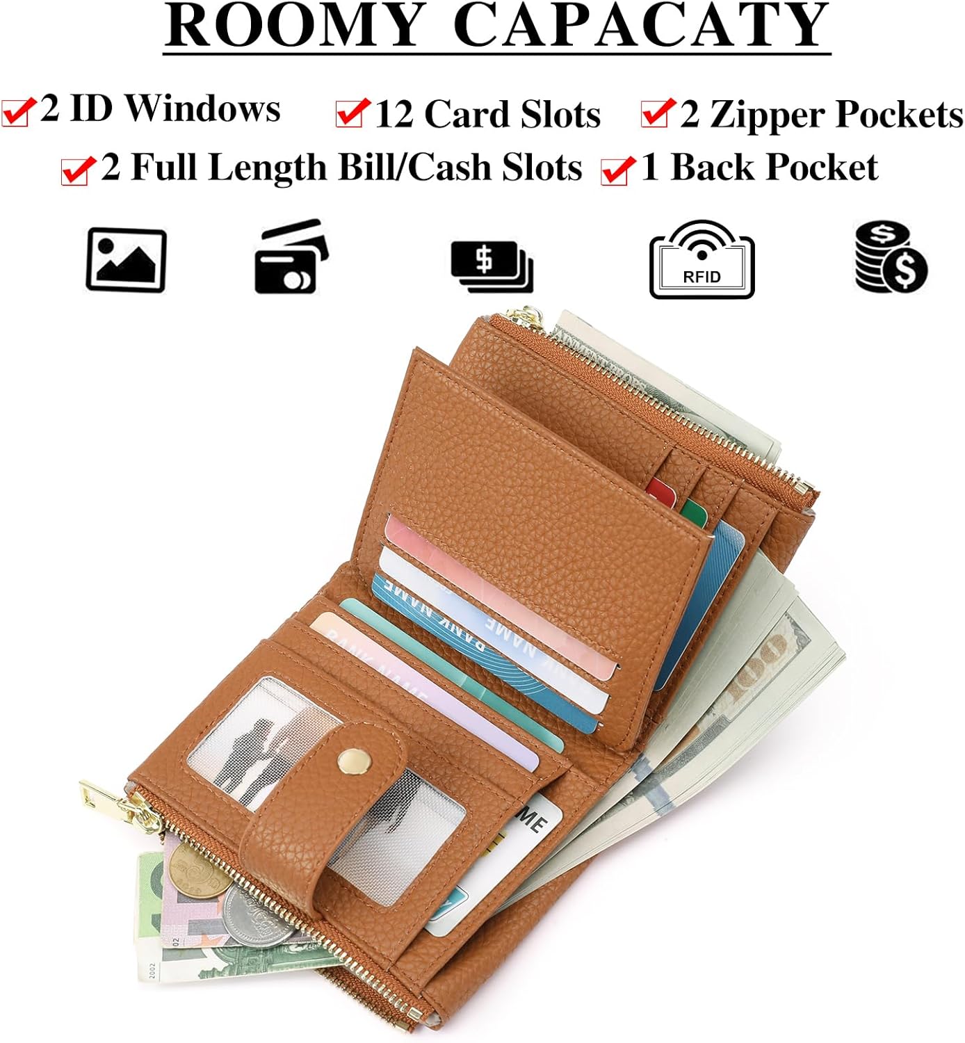 GOIACII Small Wallet for Women with Double Zipper Pocket RFID Blocking Ladies Wallet Leather - Image 2