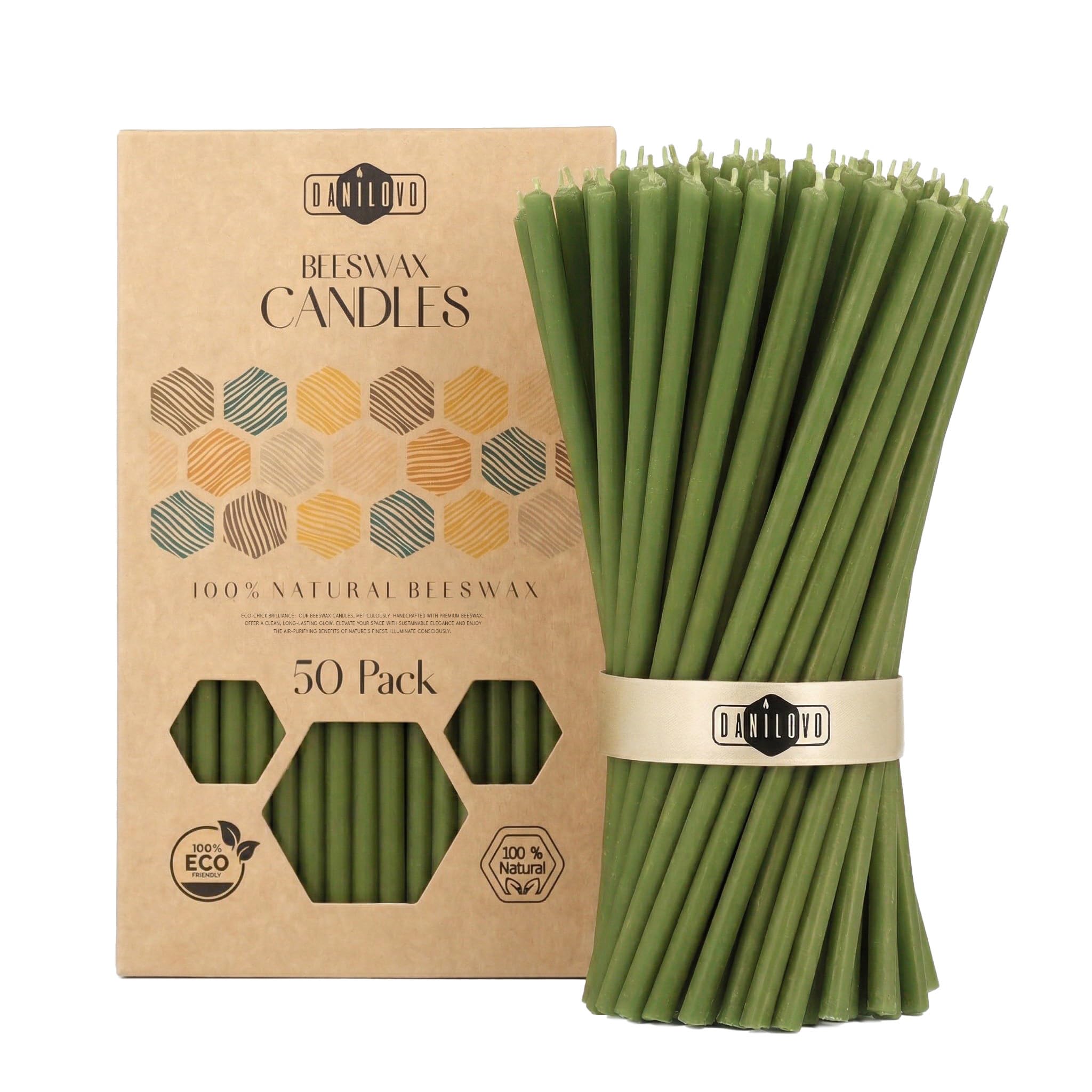 Danilovo Green Beeswax Candles 50 Pcs (Green) - Orthodox Prayer Candles, Ritual Use, Table Decor - Clean Burning, Dripless, Cotton Wick (Height 16 Cm)