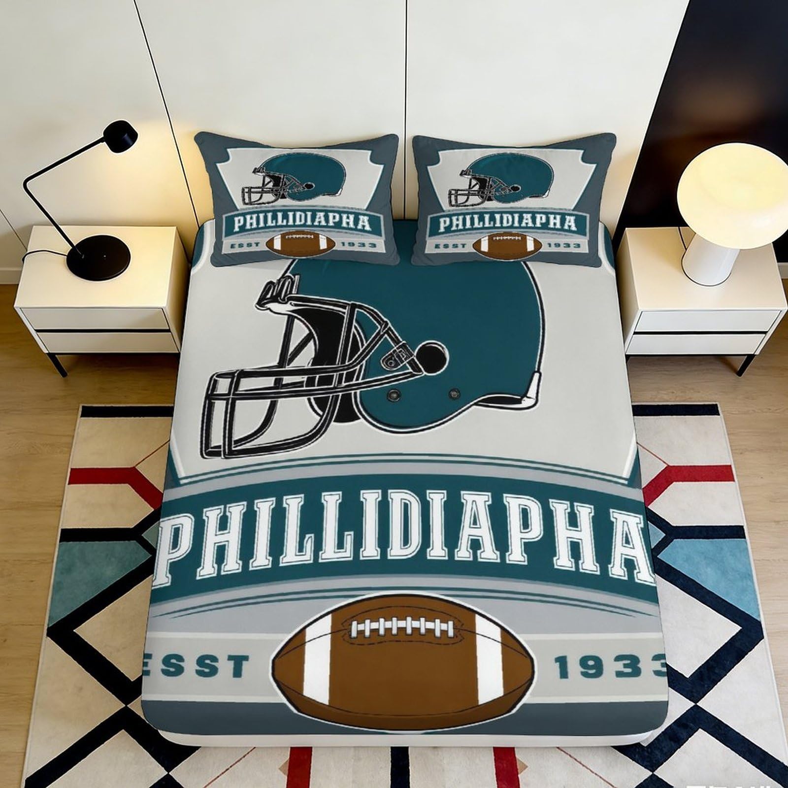 3D Printed Football Helmet Fitted Sheet Microfiber Soft Breathable American Rugby Bed Cover for Bedroom Decor 90x200x25cm