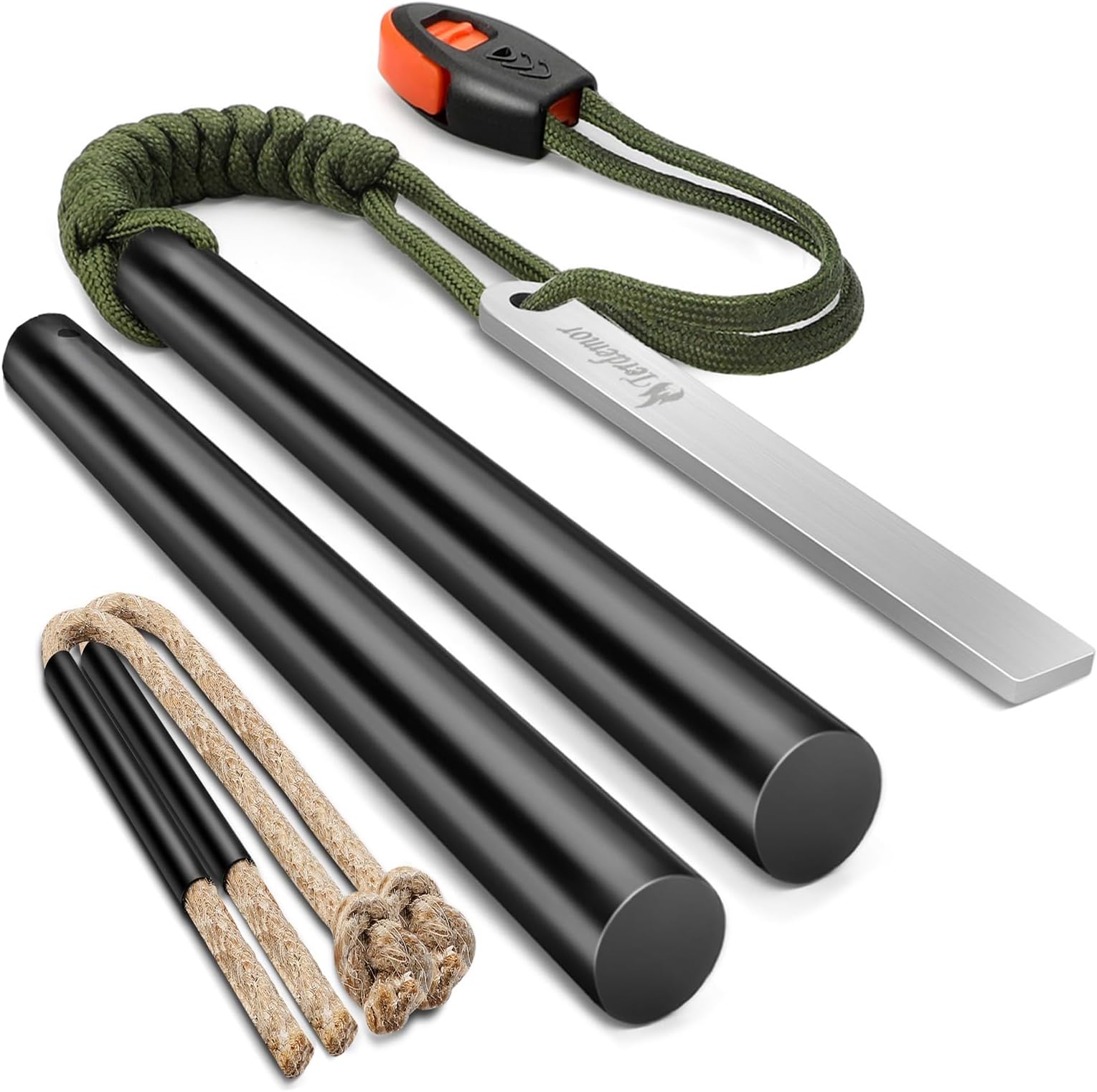 Ferro Rod Fire Starter Kit with 5 Inch Flint and Steel, Two 12 Inch Wax-Impregnated Tinders, 50 Inch 7-Core Paracord for Camping, Hiking, Boy Scouts, and Emergency Preparedness