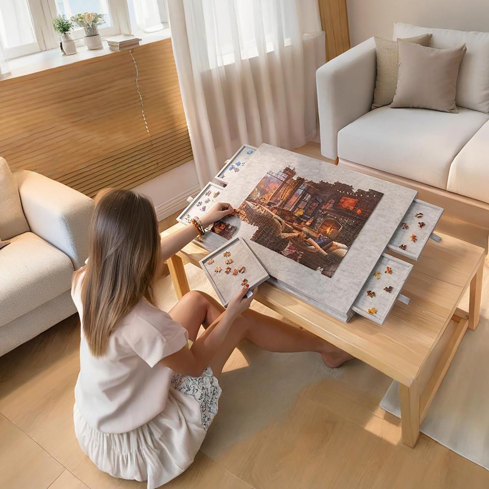 Deska do puzzli, stół z szufladami, nachylony blat z filcu, podkładka do przechowywania puzzli, antypoślizgowa powierzchnia, łatwe przechowywanie, dla hobbystów i kreatywnych zajęć