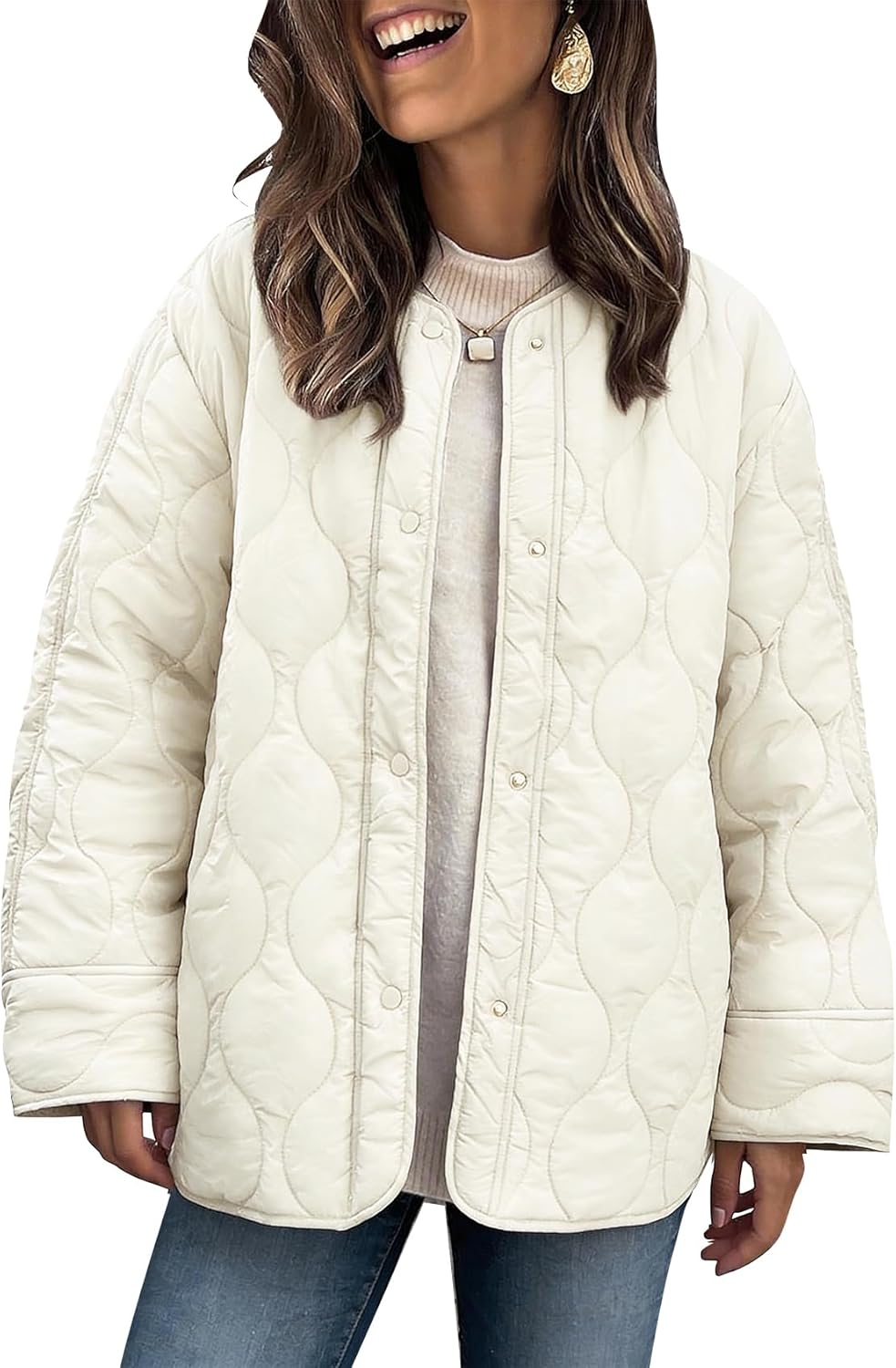 PEHMEA Women's Oversized Lightweight Quilted Jacket Button Down Fall Winter Coats Puffer Padded with Pockets
