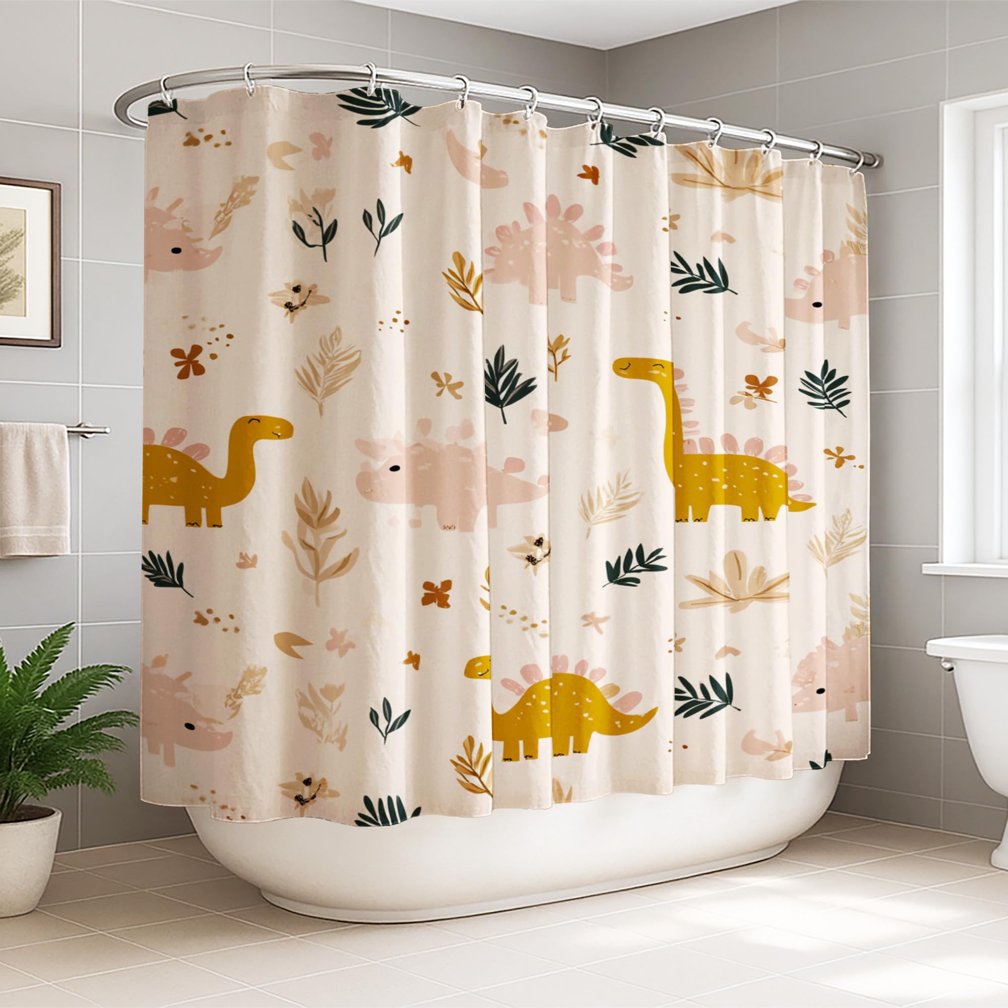 Rideau de douche 274x183 cm polyester dinosaure fleur jaune pastel