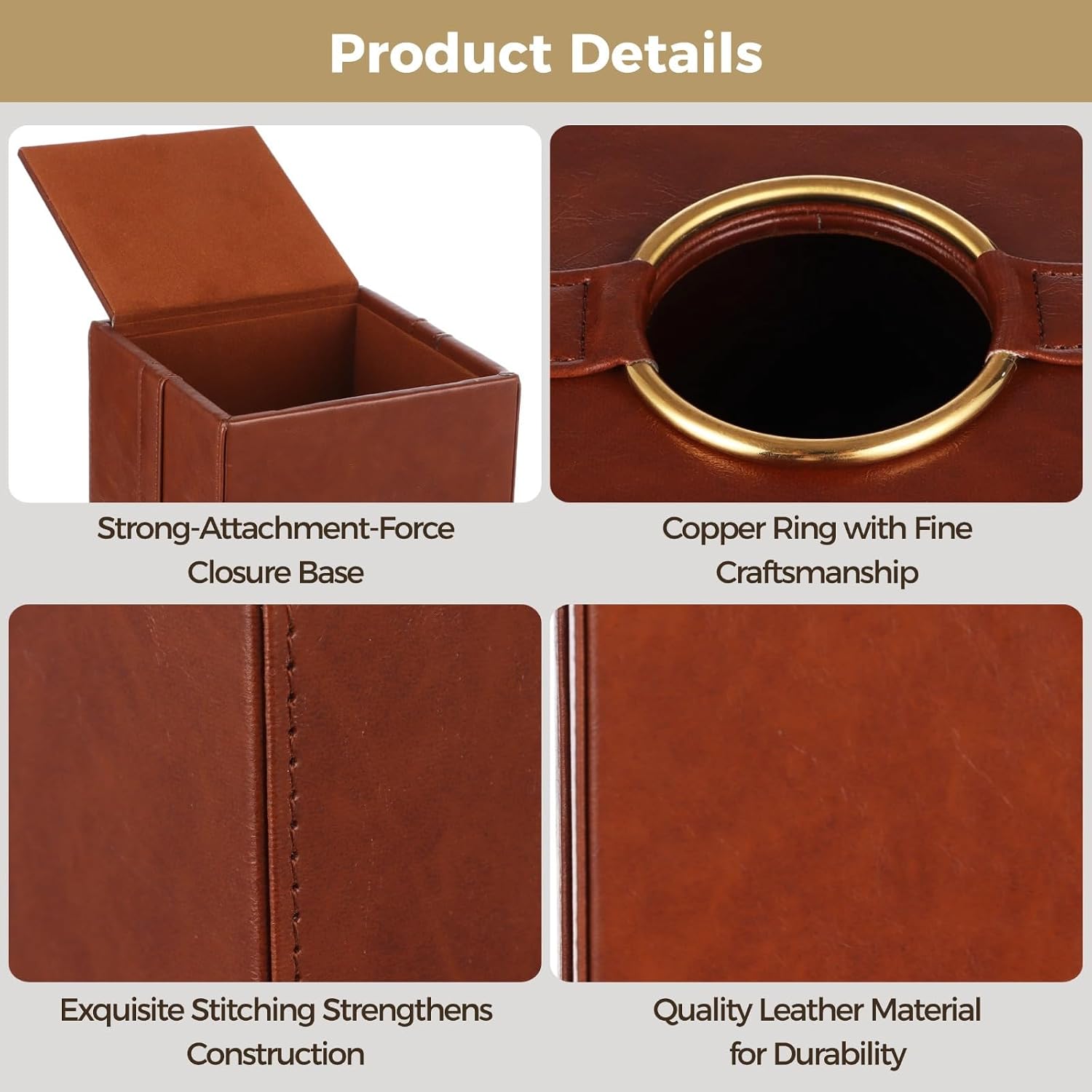 5.5 in Square Pu Leather Tissue Holder with Gold Grommets & Weighted Base, Concealed Strong Closure, Modern Decorative Tissue Box Cover for Car, Home, Office