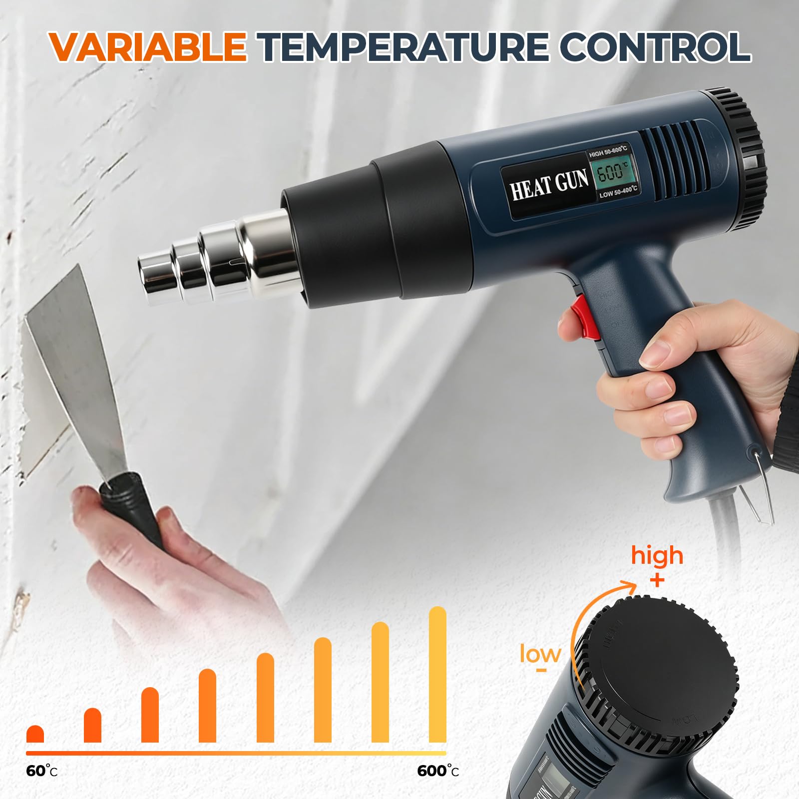 Pistolet à air chaud 2000 W, écran numérique, température réglable en continu de 60 à 600 °C, 2 vitesses 300/600 l/min avec 4 buses pour enlever la peinture et le film rétractable