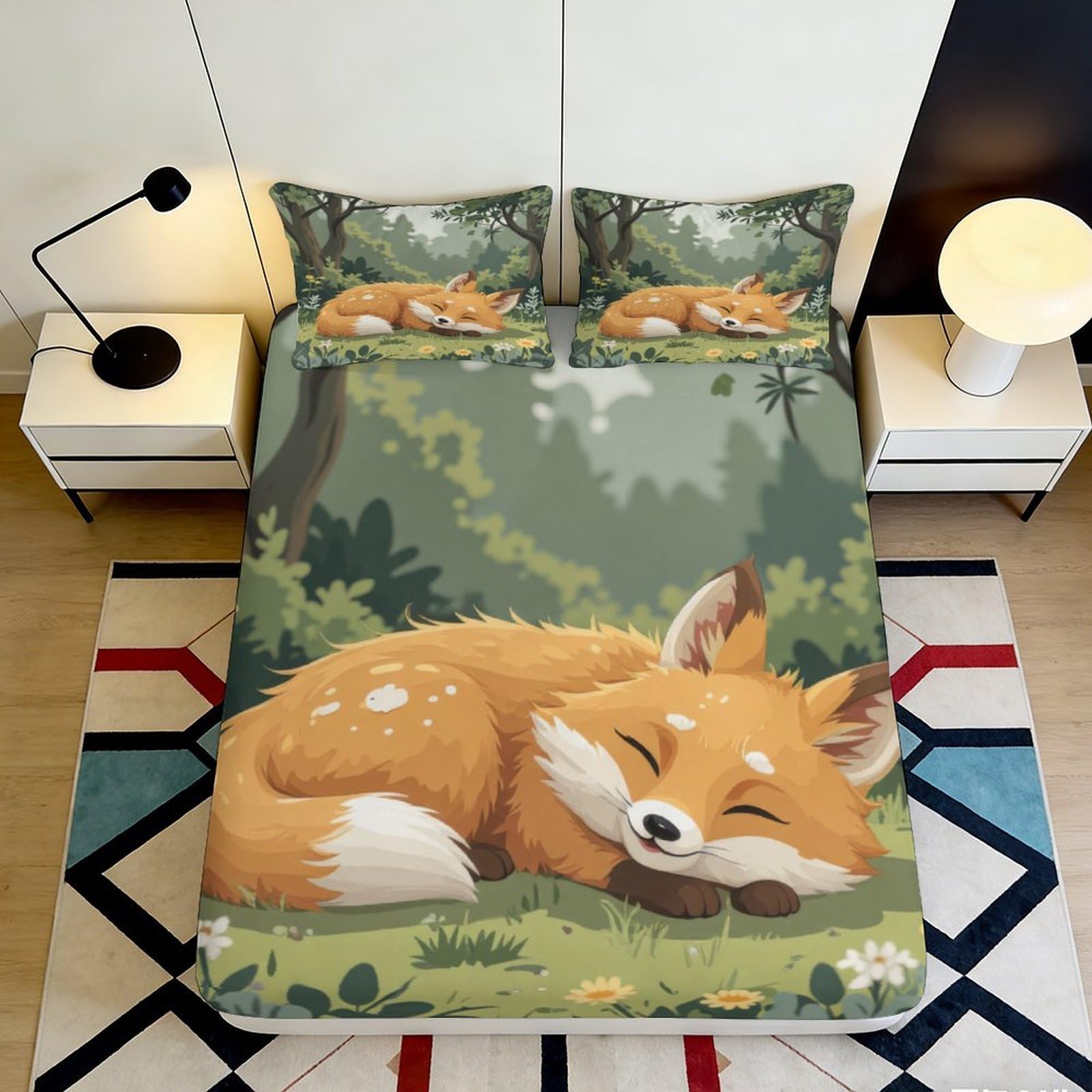 3D Printed Sleeping Fox Forest Fitted Sheet Microfiber Soft Breathable Woodland Bed Cover for Bedroom Dorm Decor 200x200x25cm