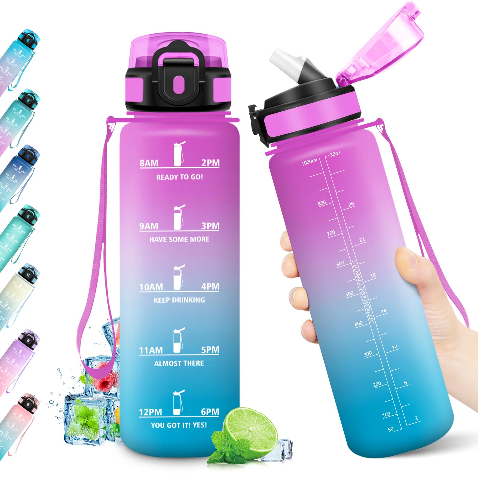 Borraccia 1L, Bottiglia con Indicatore del Tempo Motivazionale, Bottiglia con Cannuccia, Riutilizzabile, senza BPA, A Prova di Perdite, per Fitness, Scuola, Ufficio, Ciclismo, Alpinismo, Yoga