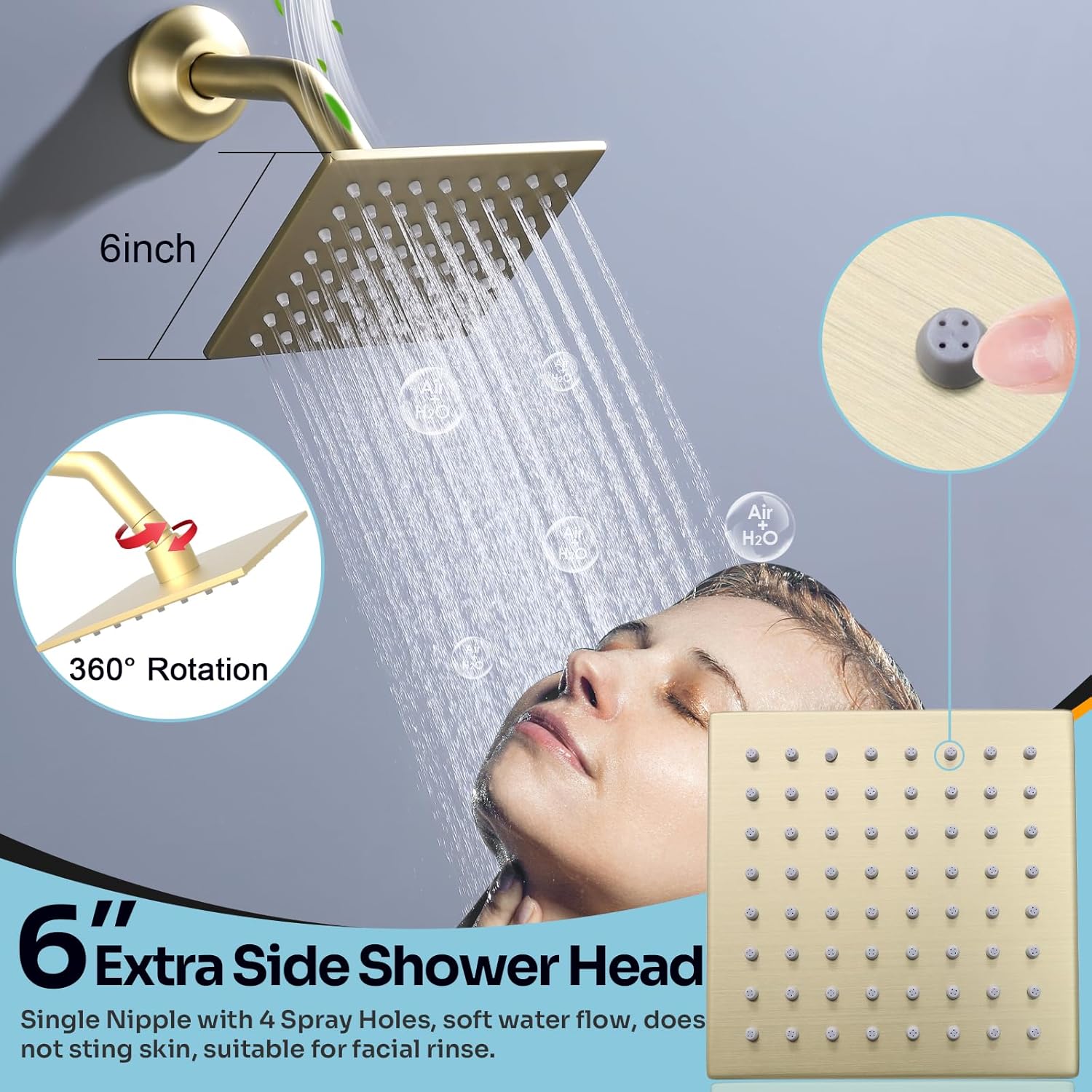 Image showing a 6-inch square wall-mounted shower head with a 360-degree rotation feature. An inset shows a single nipple with 4 spray holes for soft water flow, suitable for facial rinse.