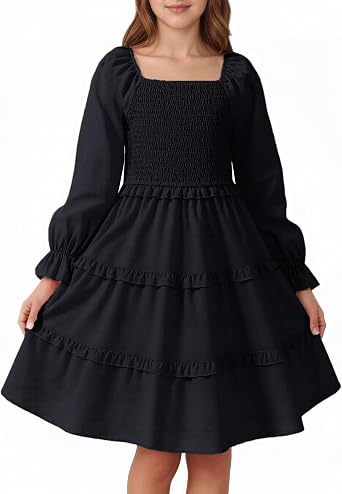 JiAmy Girls Dress Fall Puff Long Sleeve Square Neck Smocked Shirred Tiered Ruffle Flared Party Dresses