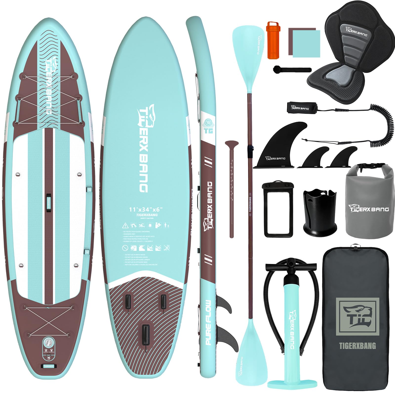 TIGERXBANG Tavola SUP Gonfiabile con Sedile Kayak e Accessori, Stand Up Paddle Board 335 cm per Adulti fino a 500 lb, Supporto Action Camera, Portabicchiere e Pagaia Doppia