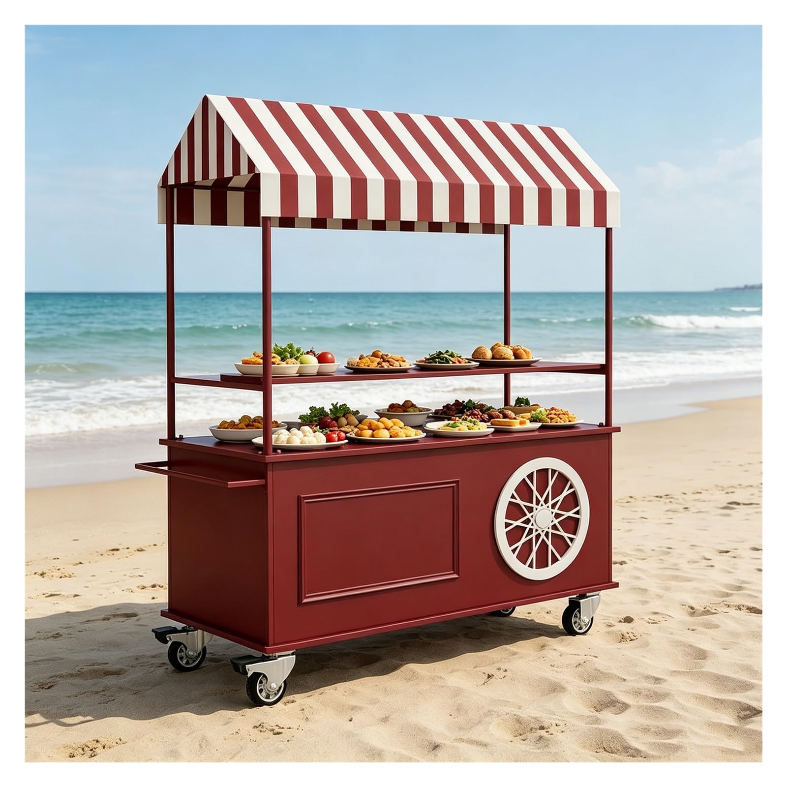 Market Stall with Striped Awning, Metal Frame, Outdoor Markets Cart, Double-tier Display Counter and Storage Cabinet, Lockable Casters, and Handrails