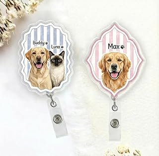 Personalized Dog Badge Reel, Custom Pet Portrait Photo Badge Holder, Retractable Nurse ID Badge Reel for Medical Staff, Pet Lovers, Coworkers (Pet 2)