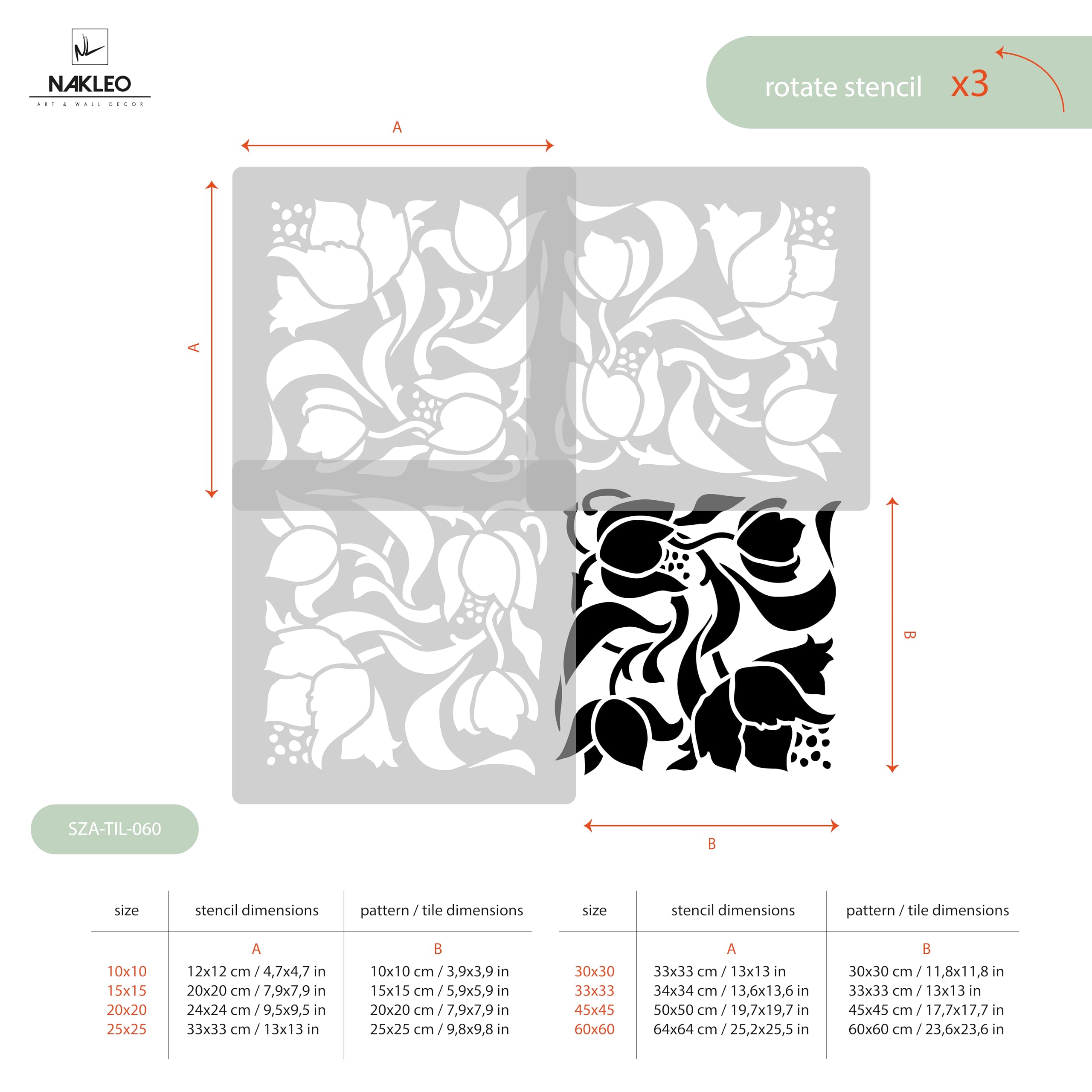 NAKLEO Fliesen Schablone zum Malen 60x60 cm, Art Nouveau Deco Blume Geometrisch, Kunststoff Wiederverwendbare Große Bodenschablone DIY, Holz Möbel Wand Dekoration