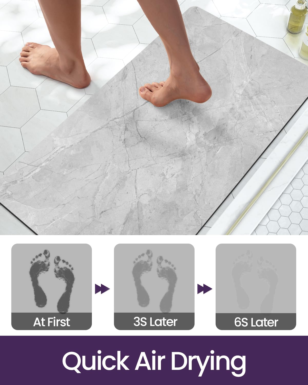 DEXI Alfombra de baño de goma, antideslizante, de secado rápido, súper absorbente, fina, lavable a máquina, para frente de bañera, ducha, fregadero, 17 x 32 pulgadas, gris claro