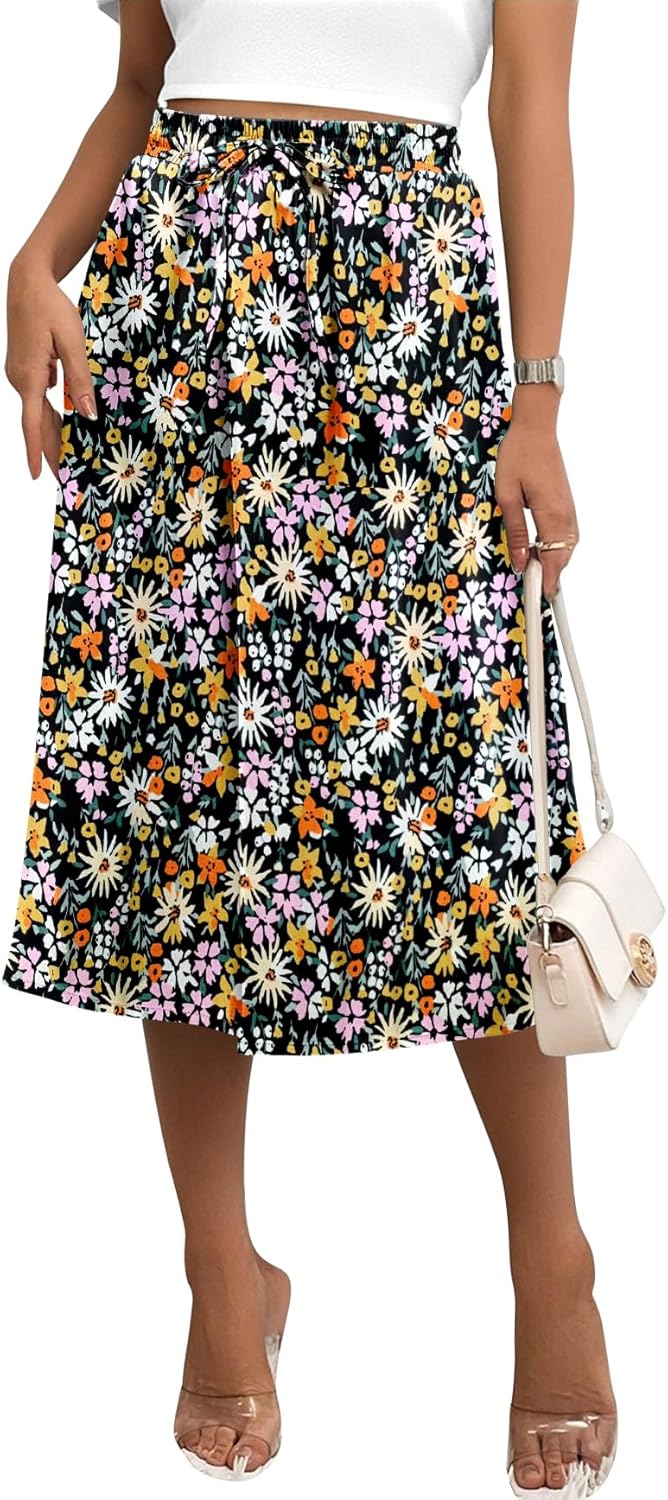 Angerella Womens Skirt Midi High Waist A-Line Casual Floral Print Trendy Bohemia Work Elegant with Pockets - Image 5