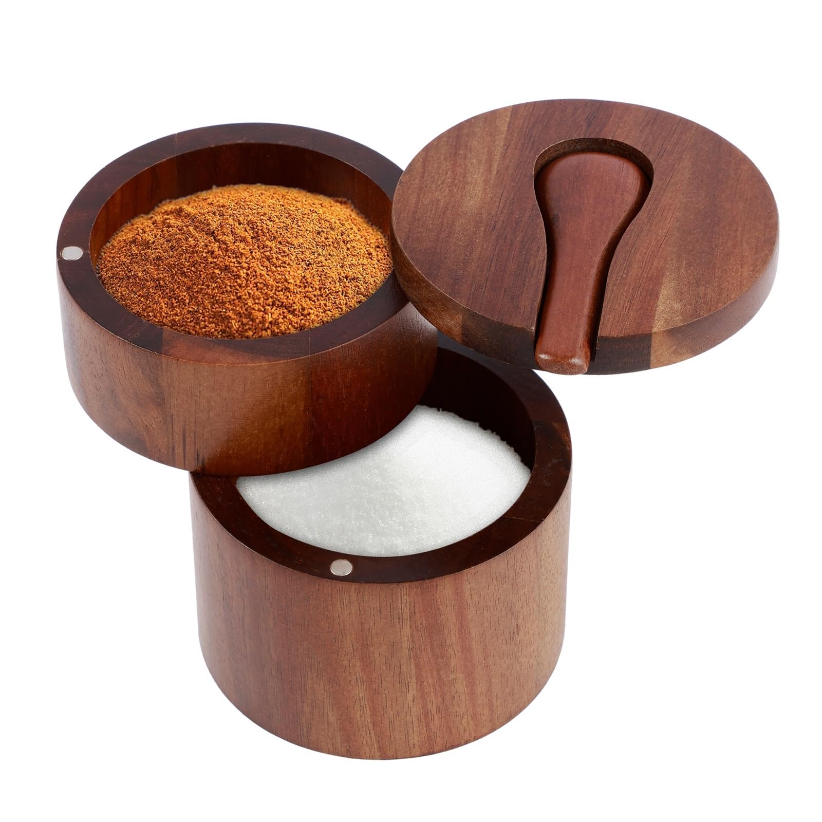 LuoAXINN Wooden Salt Cellar Triple Salt Box Container with Lid and Spoon for Spices Seasoning Kitchen Accessories Jar(2 layer)