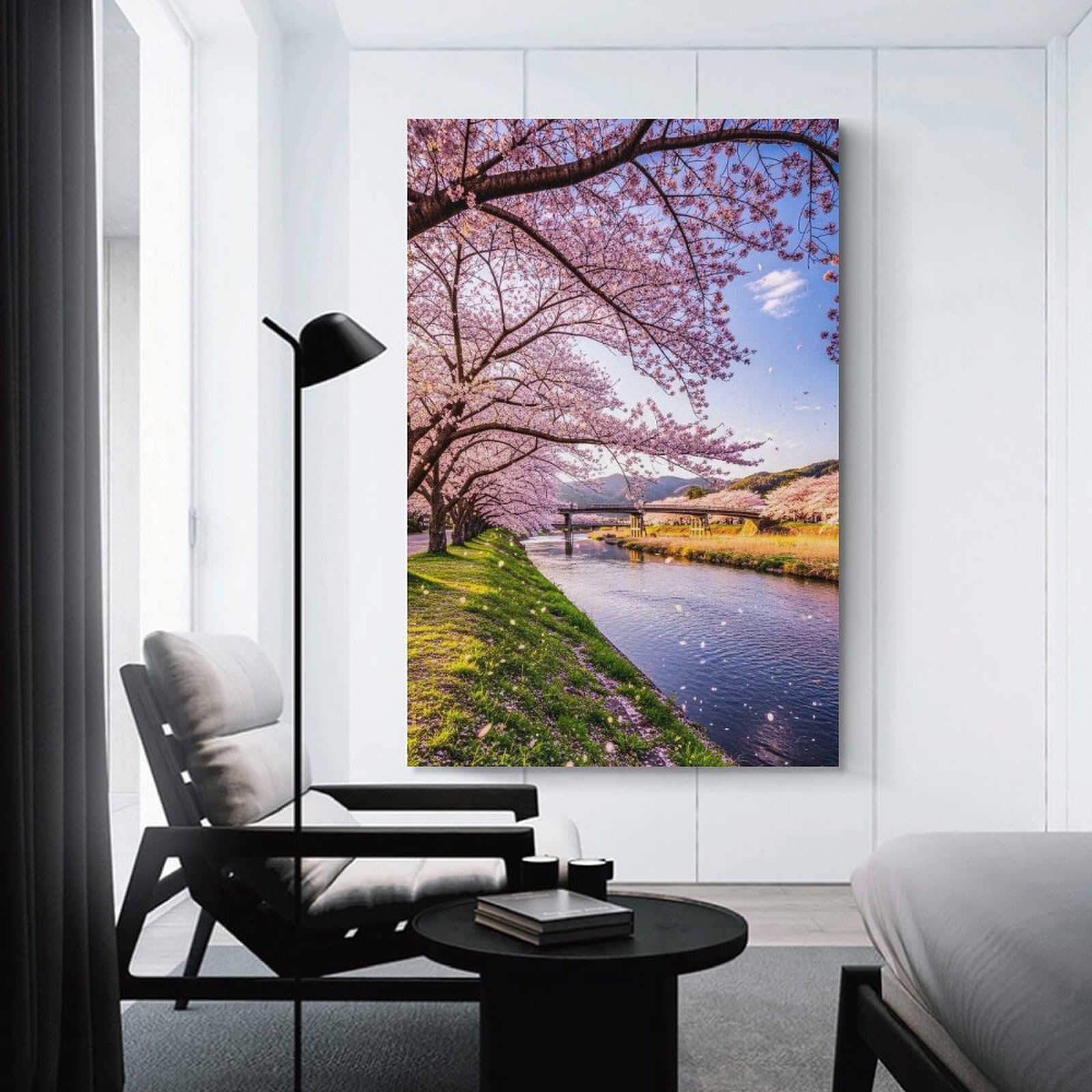 Junmoney Wall Art Print Cherry Blossoms River Landscape, 24x36inch(60x90cm), for Living Room, Bedroom Or Home Office, Thoughtful Wall Decor for Art Lovers
