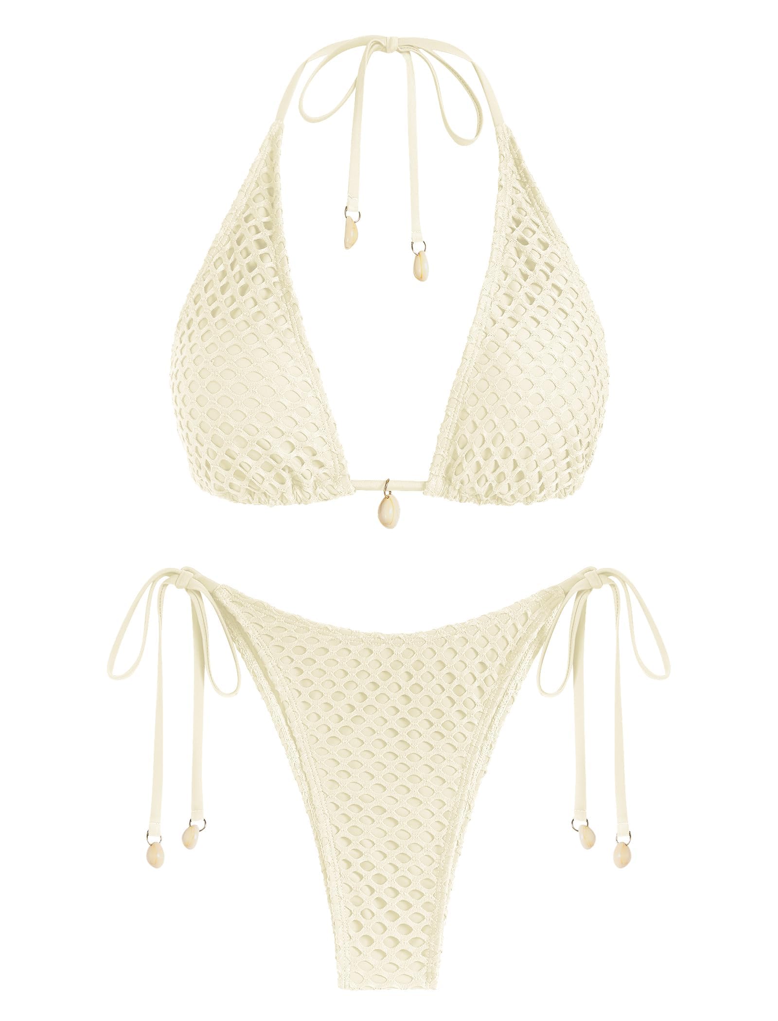 ZAFUL Maillot de bain deux pièces triangle pour femme avec filet de pêche noué sur le côté et string