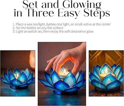 Om Gallery Capiz Shell Lotus Flower Decor Tealight Candle Holder for Serene Ambiance - Handmade Decorative Candle Holders for Meditation, Yoga, and Relaxation, Blue Lagoon
