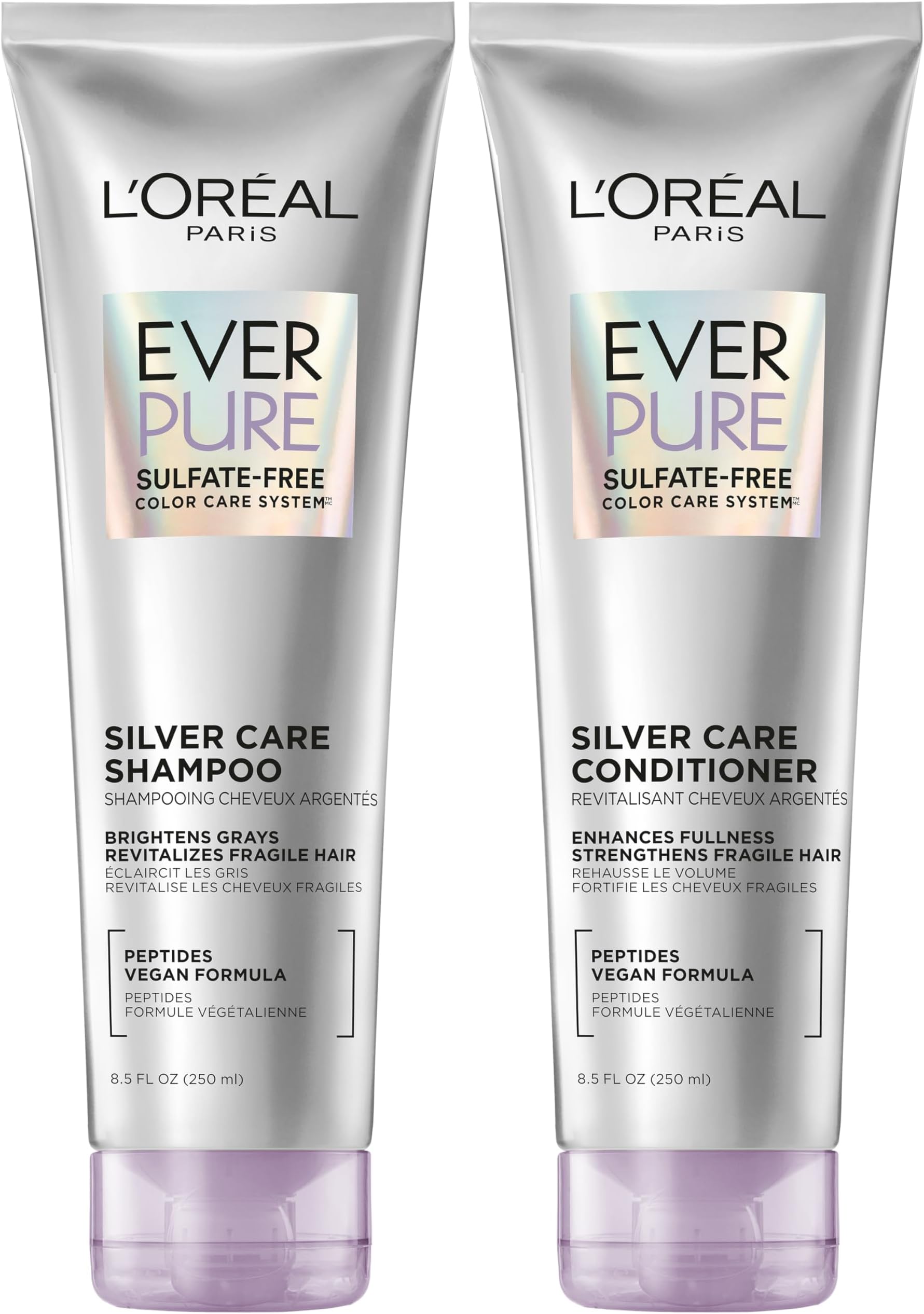 L'Oreal Paris EverPure Silver Care Sulfate Free Shampoo and Conditioner Set, Nourishing Vegan Formula with Peptides for Brightening Gray Hair, 1 Kit