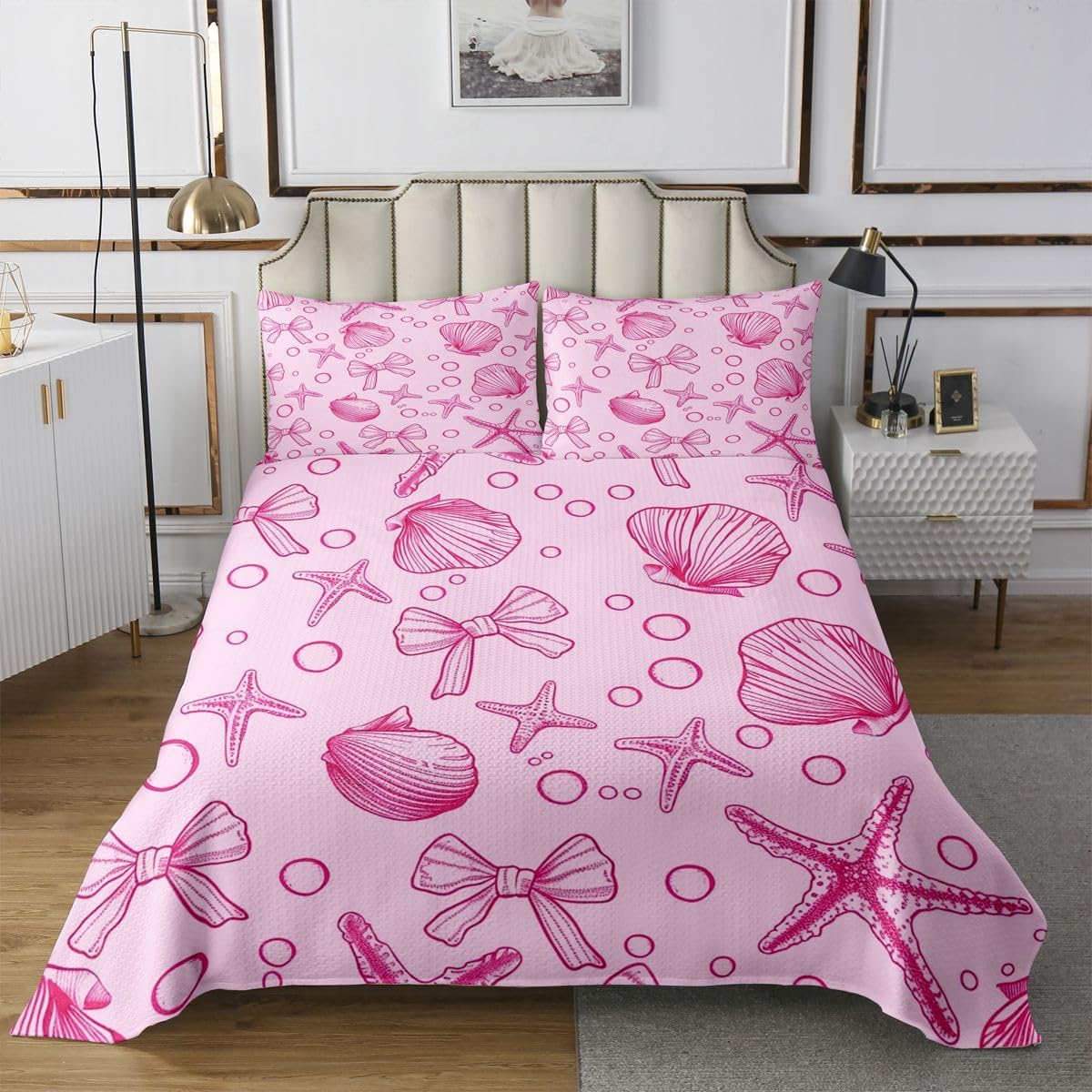 jejeloiu Blue Ocean Bow Bedspread King Size Coastal Seascape Painting Coverlet Set Bseashell and Starfish Quilted Coverlet for All Season with 2 Pillowcases Lightweight