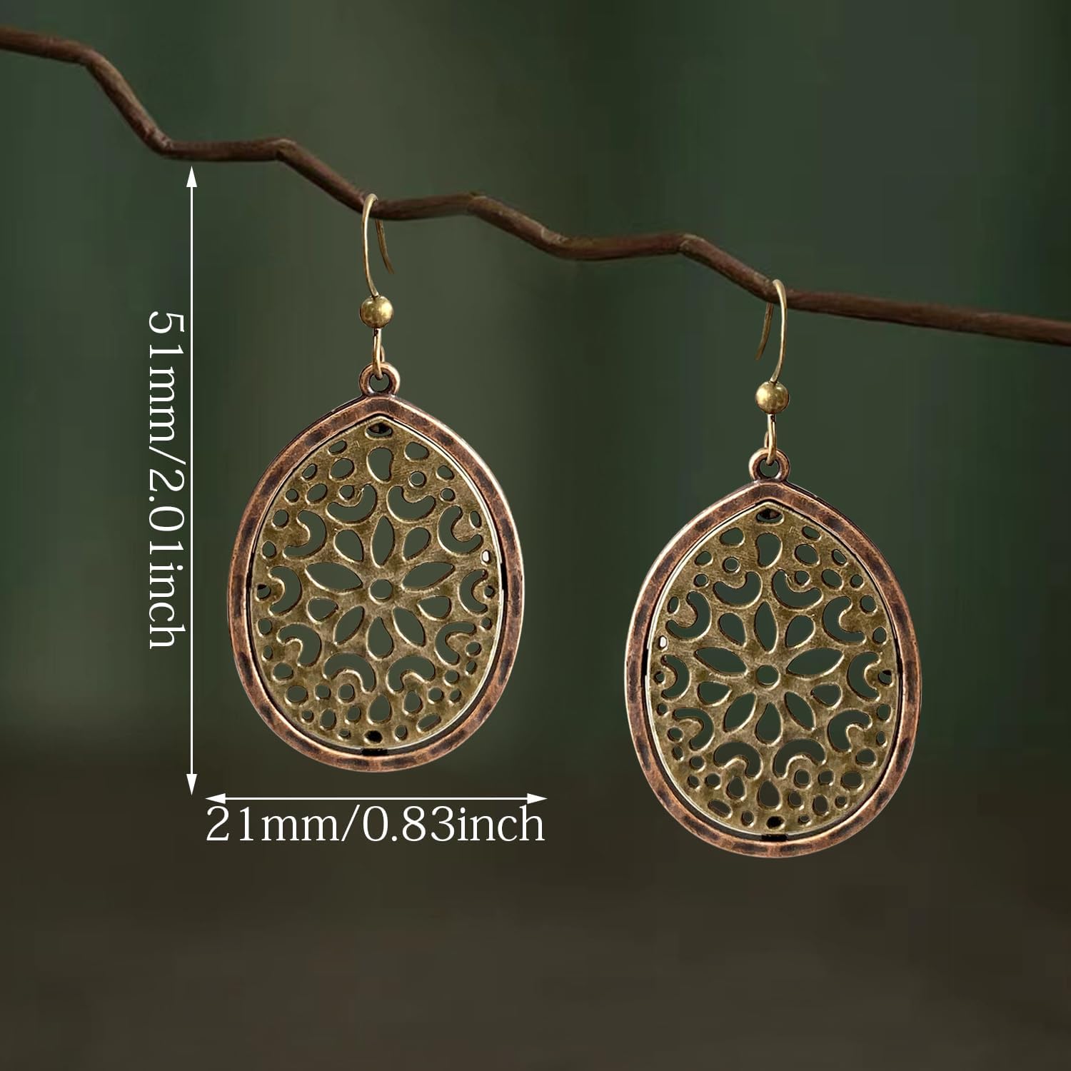 Bohemian Vintage Copper Hollow Teardrop Flower Dangle Drop Earrings Handmade Retro Oval Geometry Hook Earrings for Women - Image 5