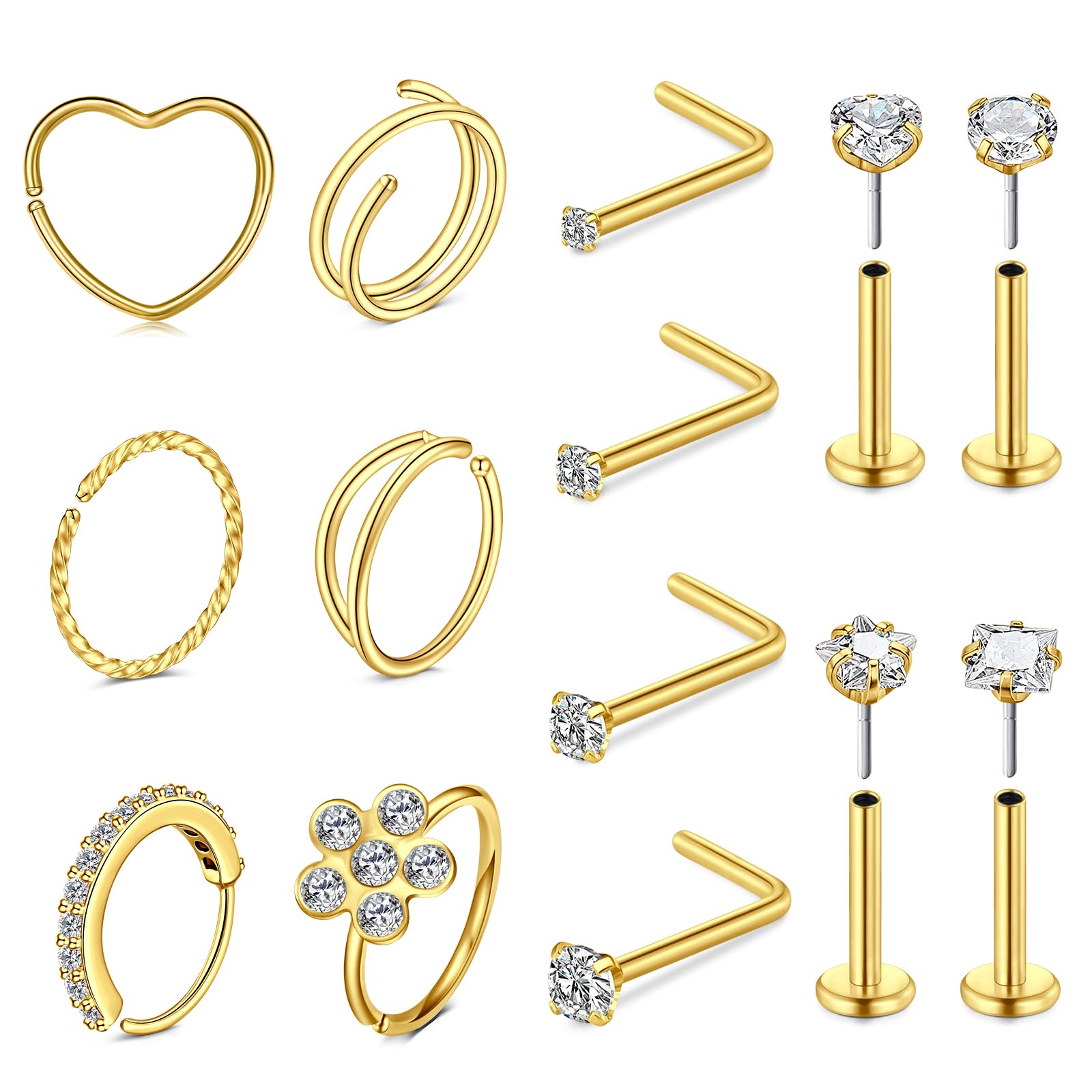 WillTen 20G Nose Studs L Shape Women Nose Studs Colorful Diamond CZ Silver Stainless Steel Heart Start Piercing Jewelry — view 11