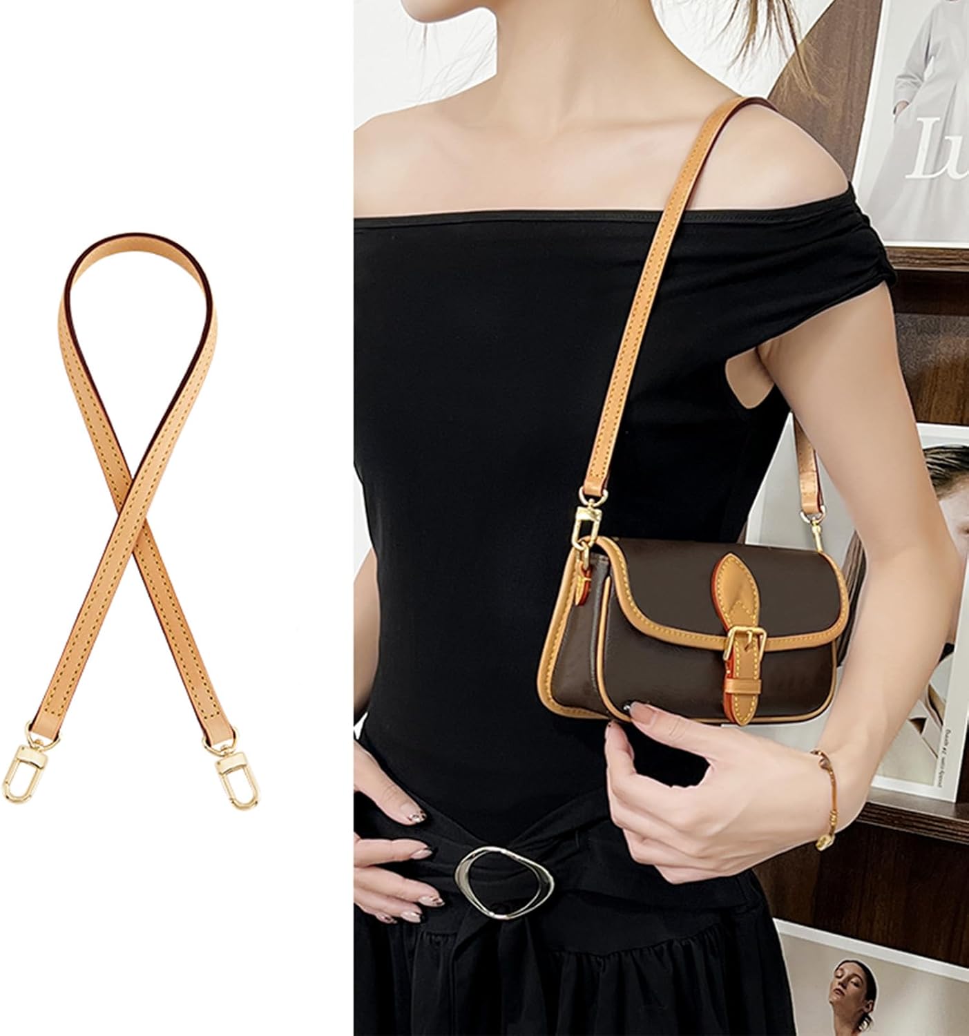 Genuine Vachetta Leather Strap for Bag,Shoulder Purse Strap Replacement Fit for Félicie Pochette (BEESWAX-Width:0.43in&Length:25.6in,Double Buckles)