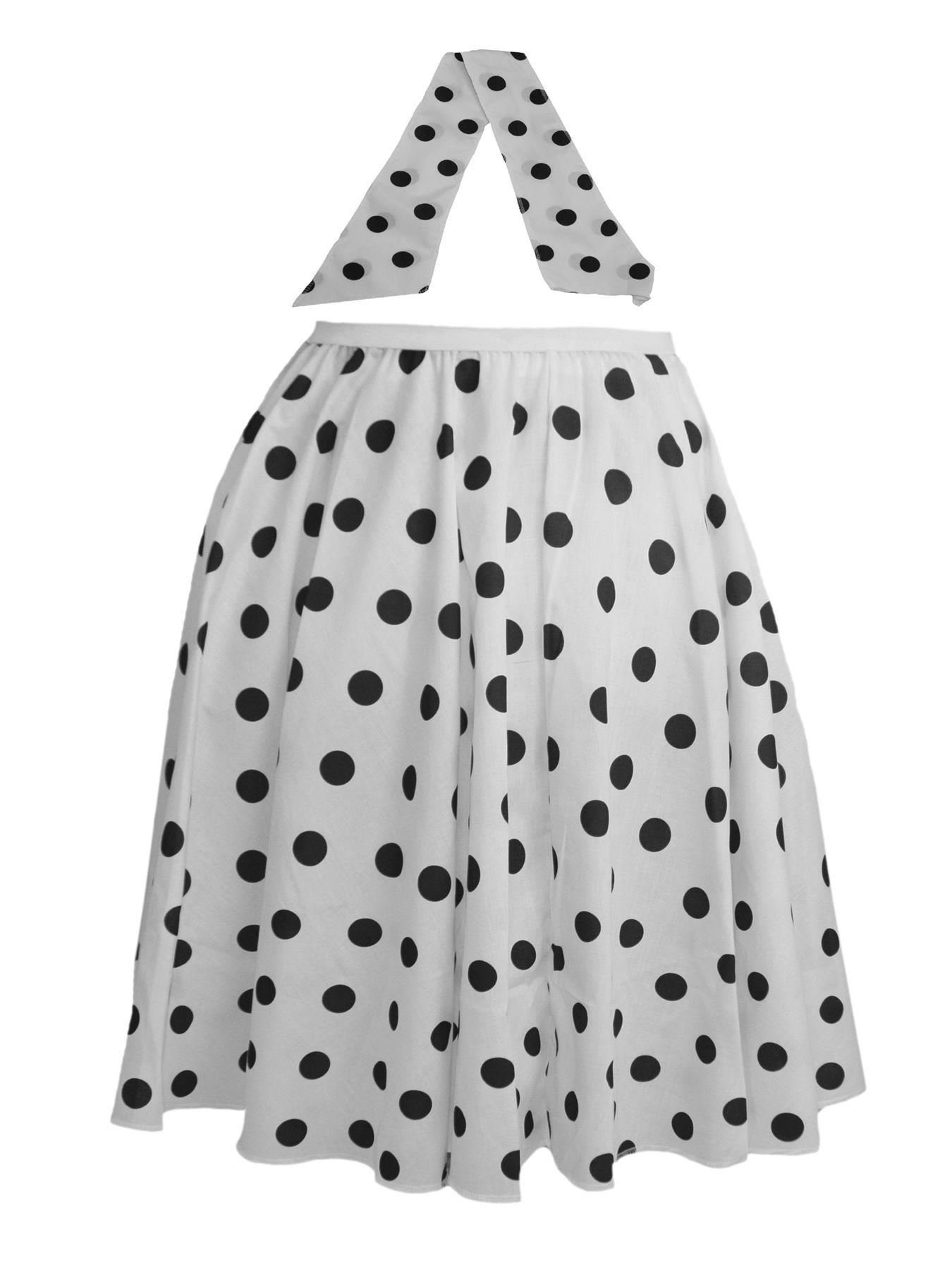 Adults 22" Length White & Black Polka Dot Rock & Roll Skirt & Necktie Fancy Dress [L-XL]