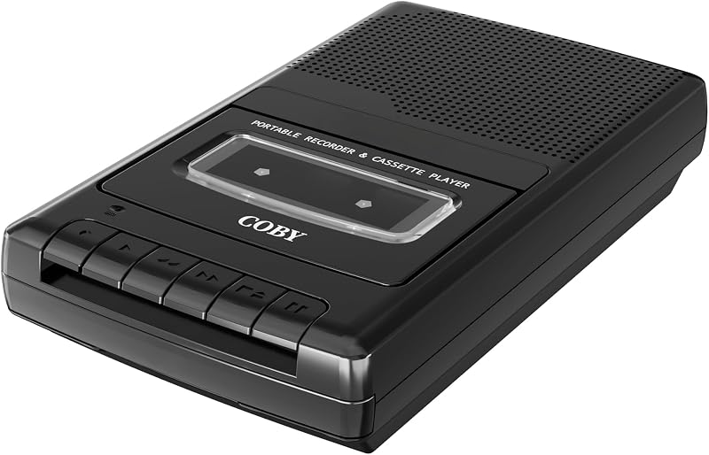 Reproductor y grabador de cintas de casete Coby, micrófono incorporado, batería o CA, negro | Reproducir casetes y grabar audio, micrófono incorporado para notas de voz, botones simples y etiquetas claras, grabadora de casetes