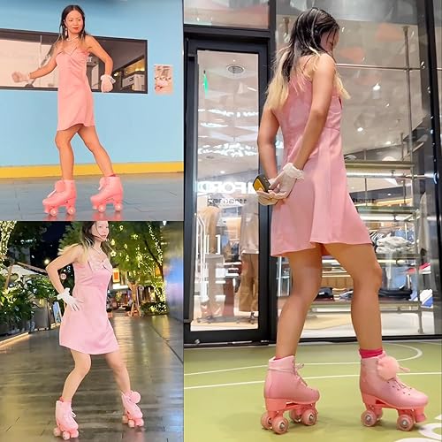 Miniatura 2 de Patines de ruedas para mujer, patines de piel sintética de alta calidad, cuatro ruedas rosadas brillantes de doble fila, patines cuádruples para